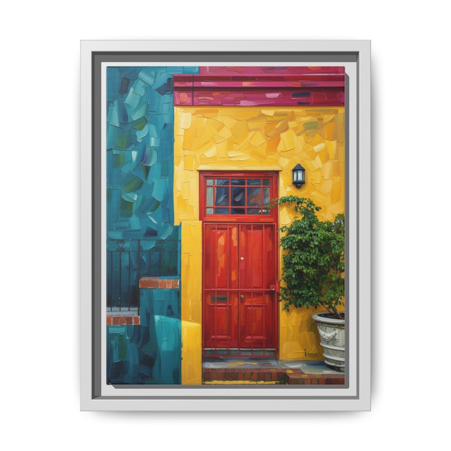 Framed Matte Canvas Wall Art — Colorful Red Door on Yellow Facade