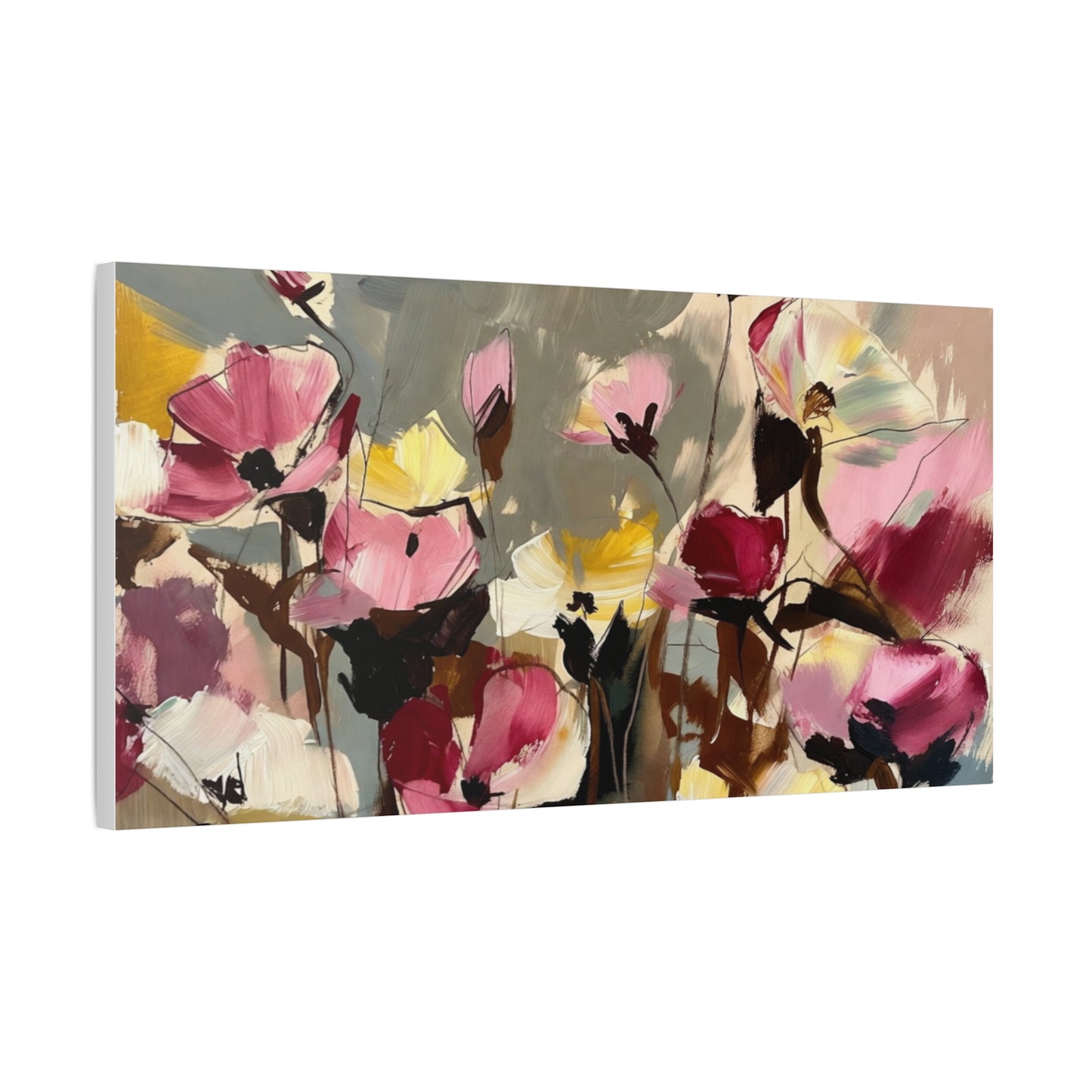 Floral Abstract Canvas Wall Art — Pink & Yellow Bloom Stretched Matte Print