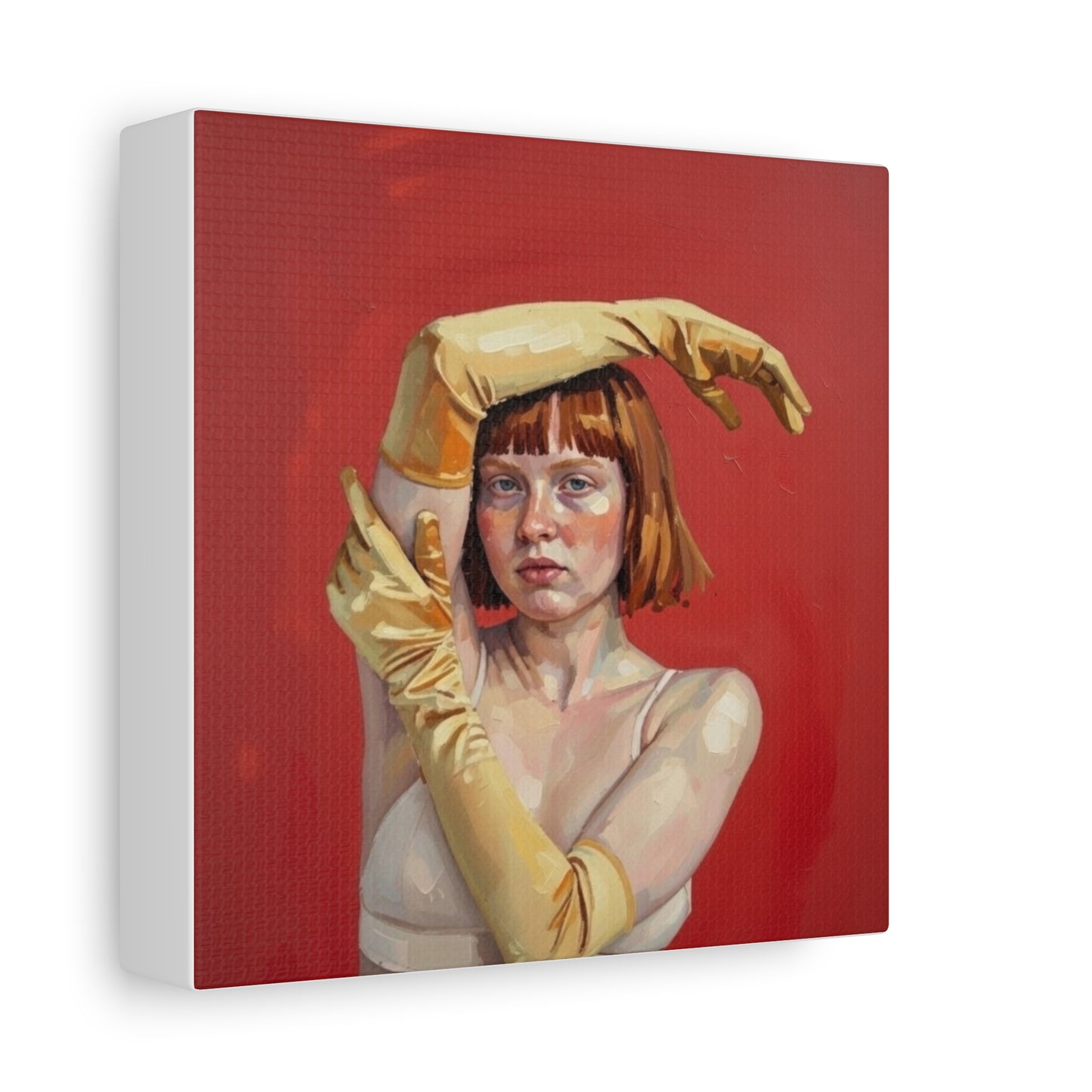 Figurative Portrait Canvas — Woman with Yellow Gloves on Red Background