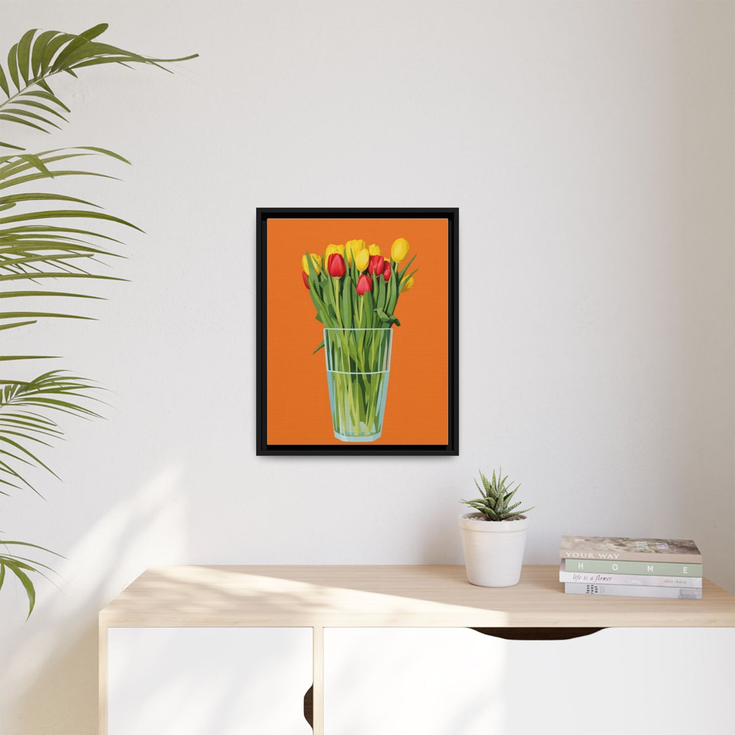 Framed Tulip Canvas Print — Colorful Tulips in Glass Vase