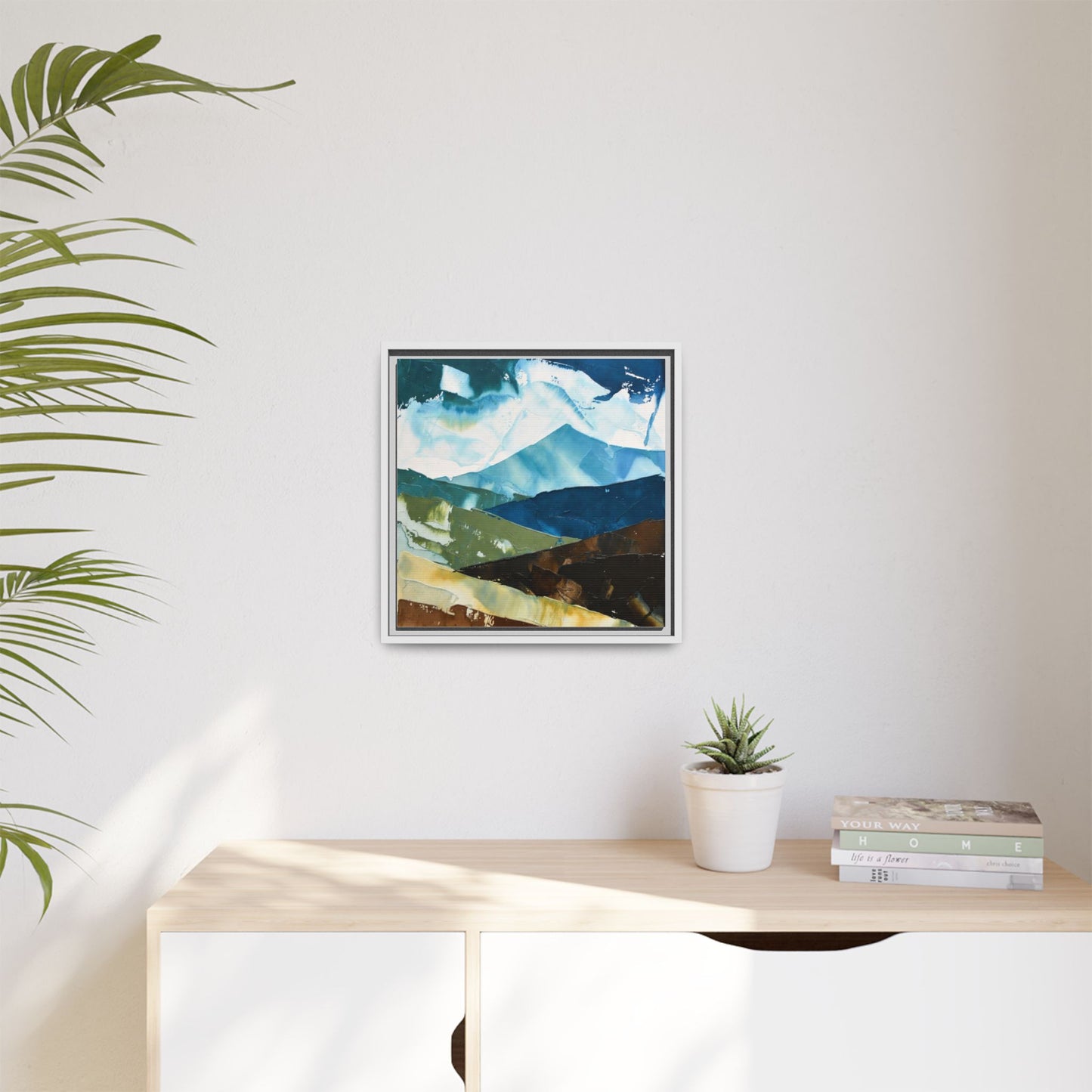 Framed Abstract Mountain Canvas Art — Blue & Earthtone Landscape Print