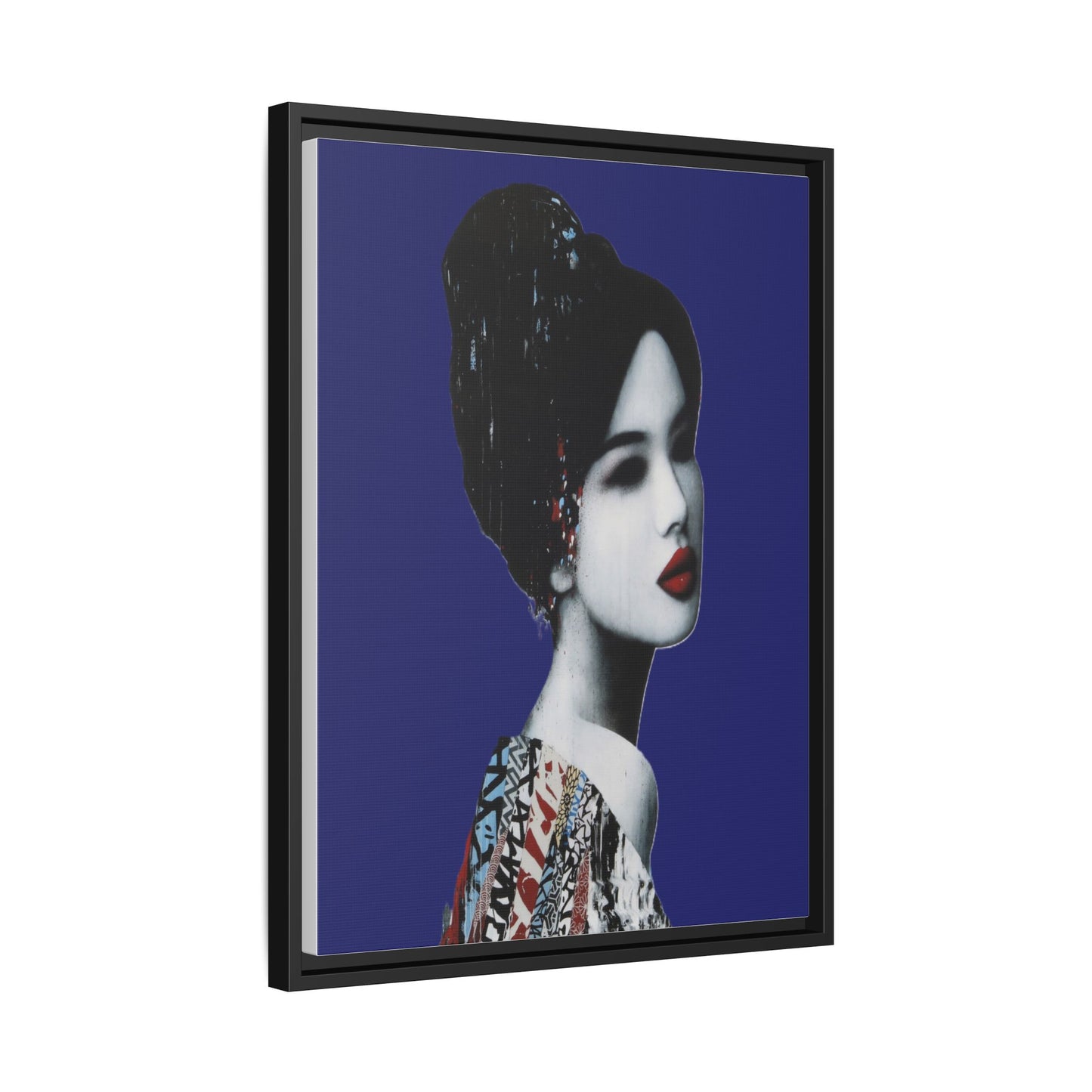 Framed Matte Canvas Art — Elegant Geisha Portrait on Deep Blue