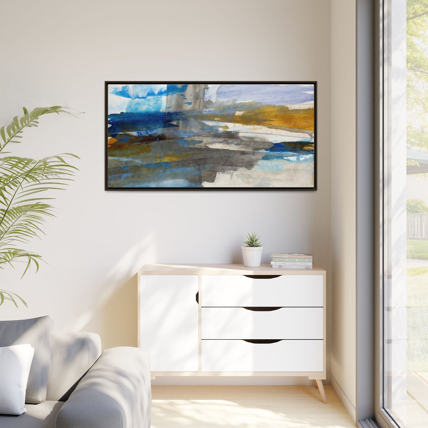 Abstract Blue & Gold Framed Canvas Art — Matte Multi-Color Wall Print