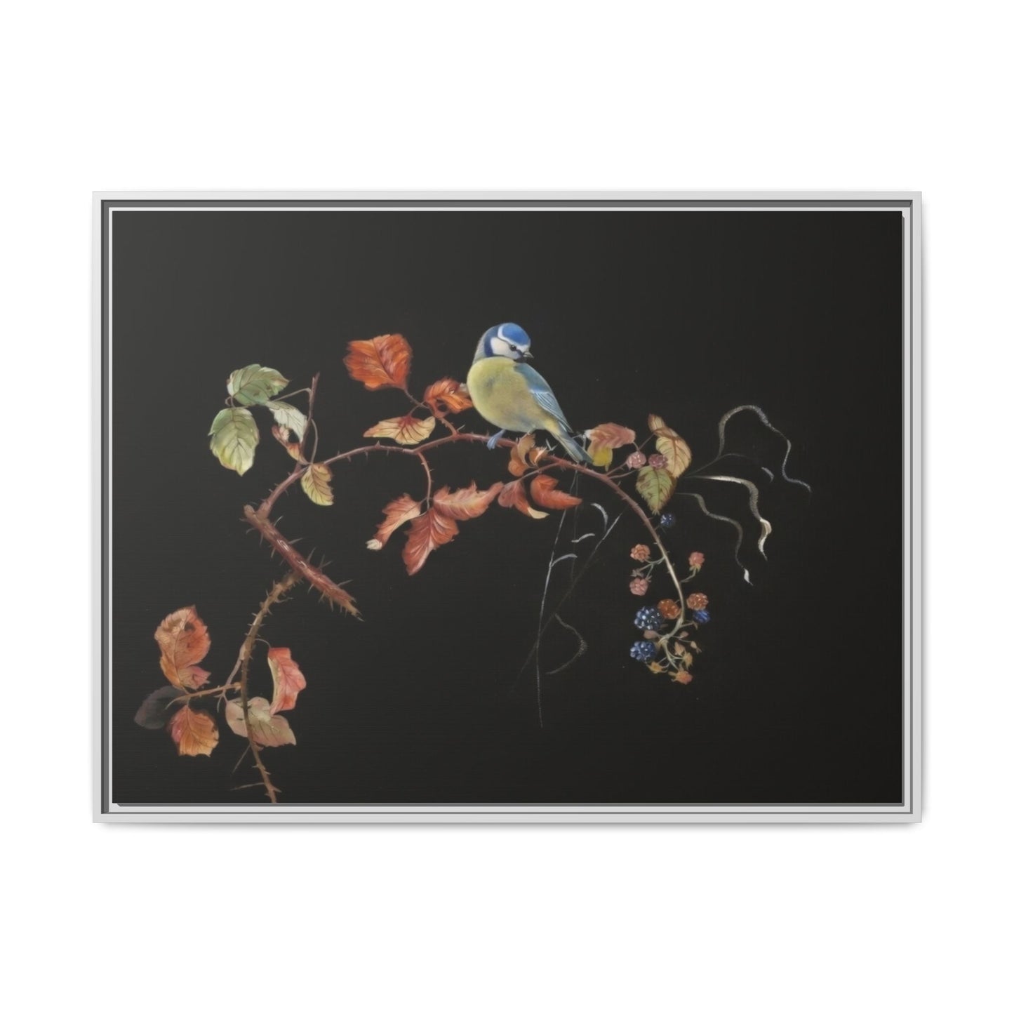 Framed Matte Canvas - Blue Tit on Autumn Branch Wall Art