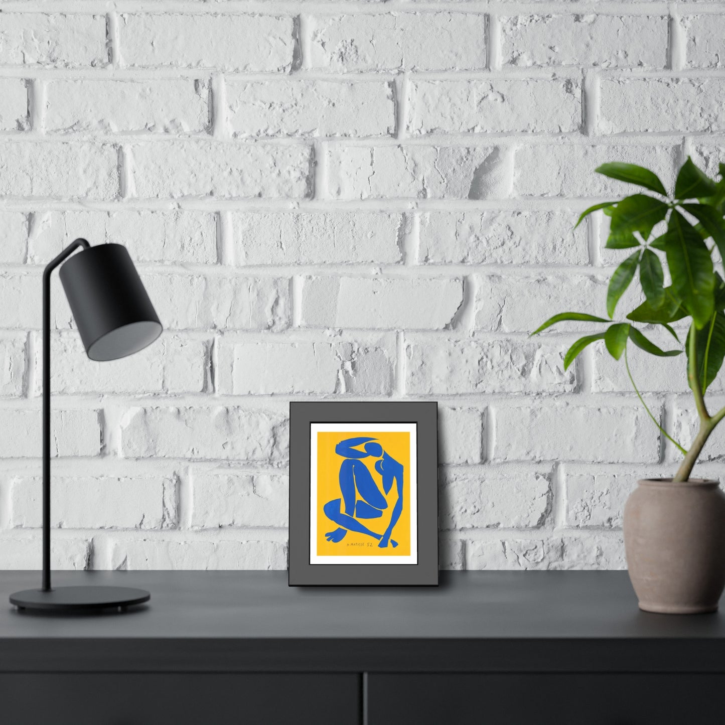 Framed Art Print - Blue Cutout Figure on Yellow (Matisse Style)