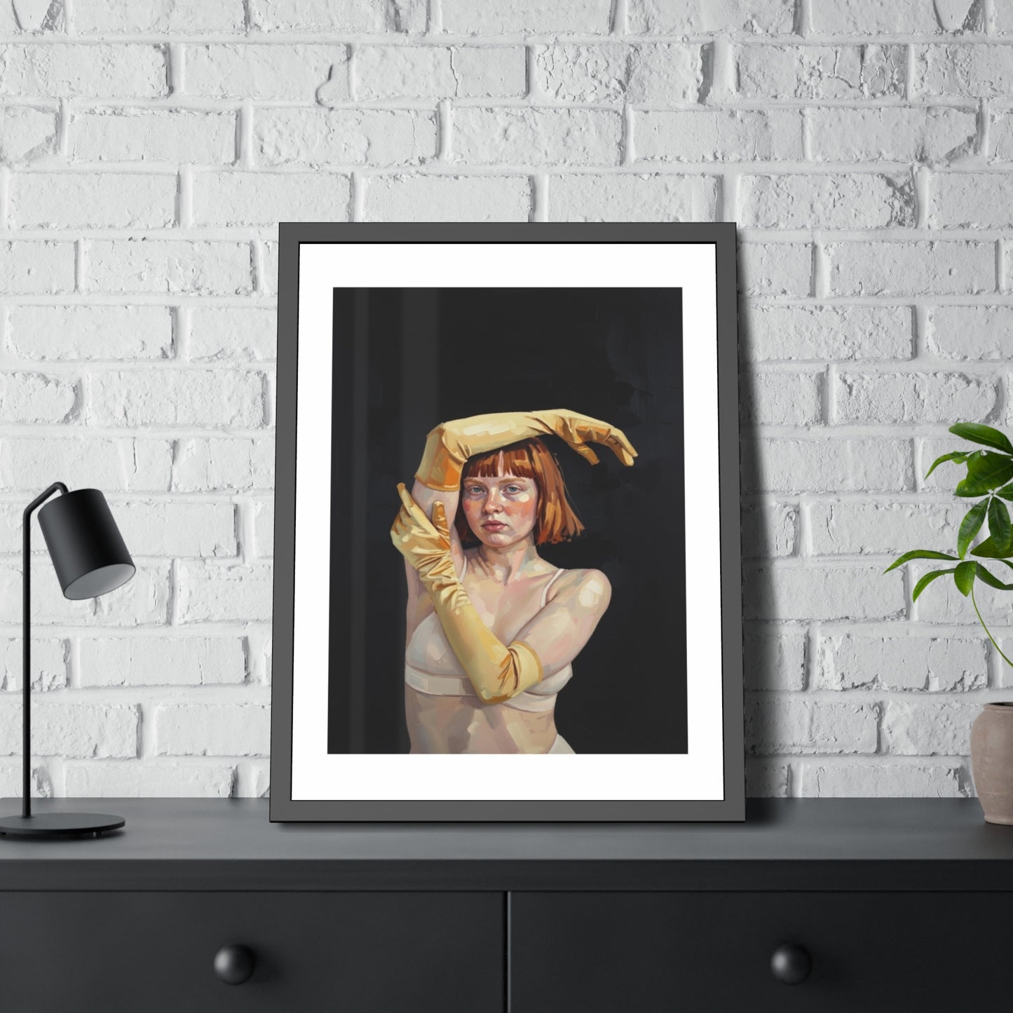 Framed Art Poster — Portrait of Redhead Woman in Yellow Gloves (Gallery Wall Print)