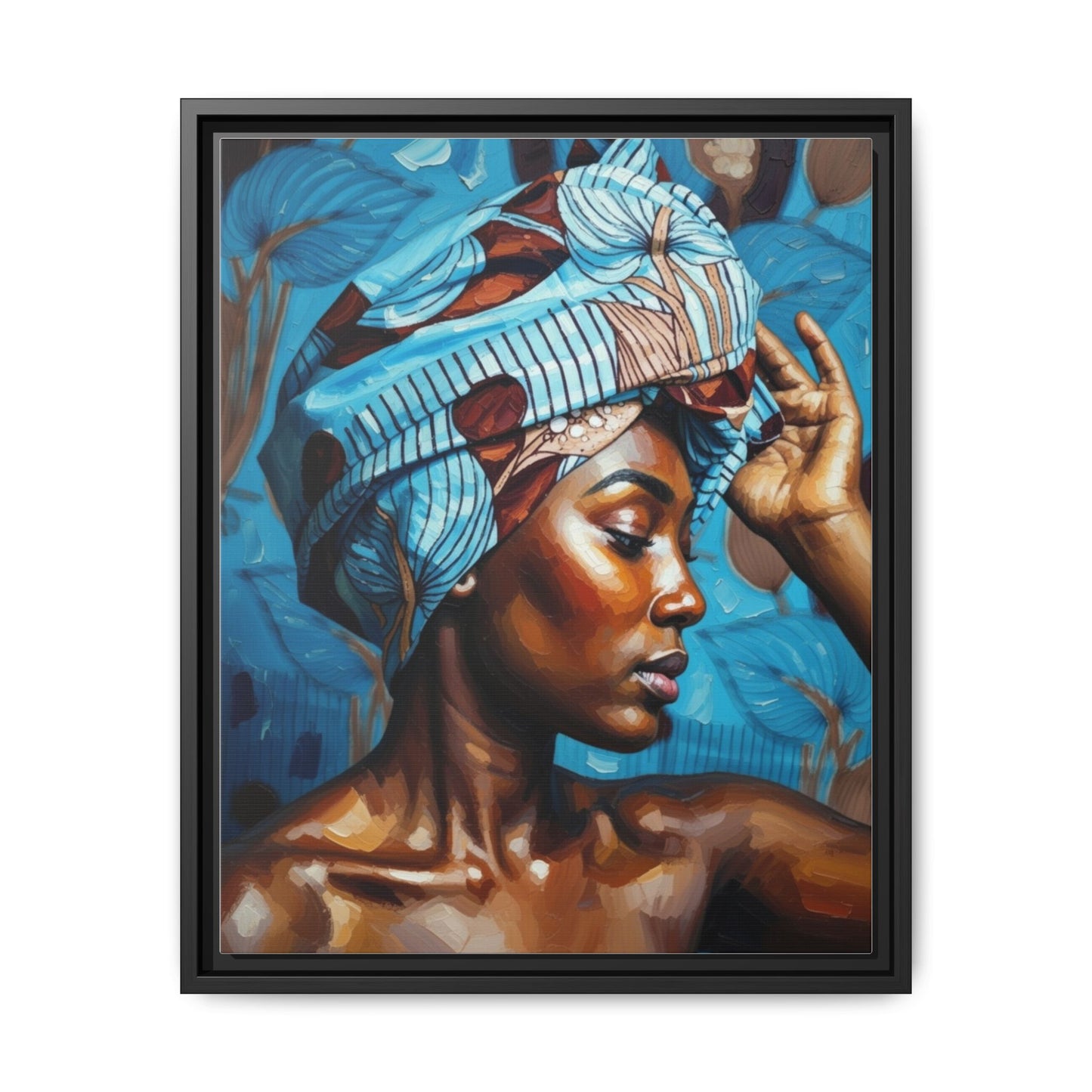 Framed Canvas Art — Portrait of Woman in Blue Headwrap