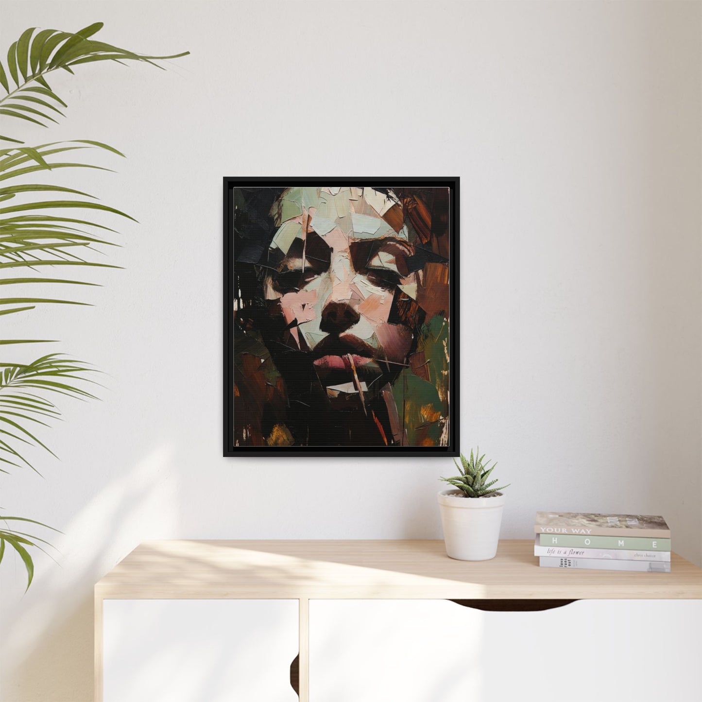 Matte Framed Canvas Art — Abstract Female Portrait, Moody Multicolor