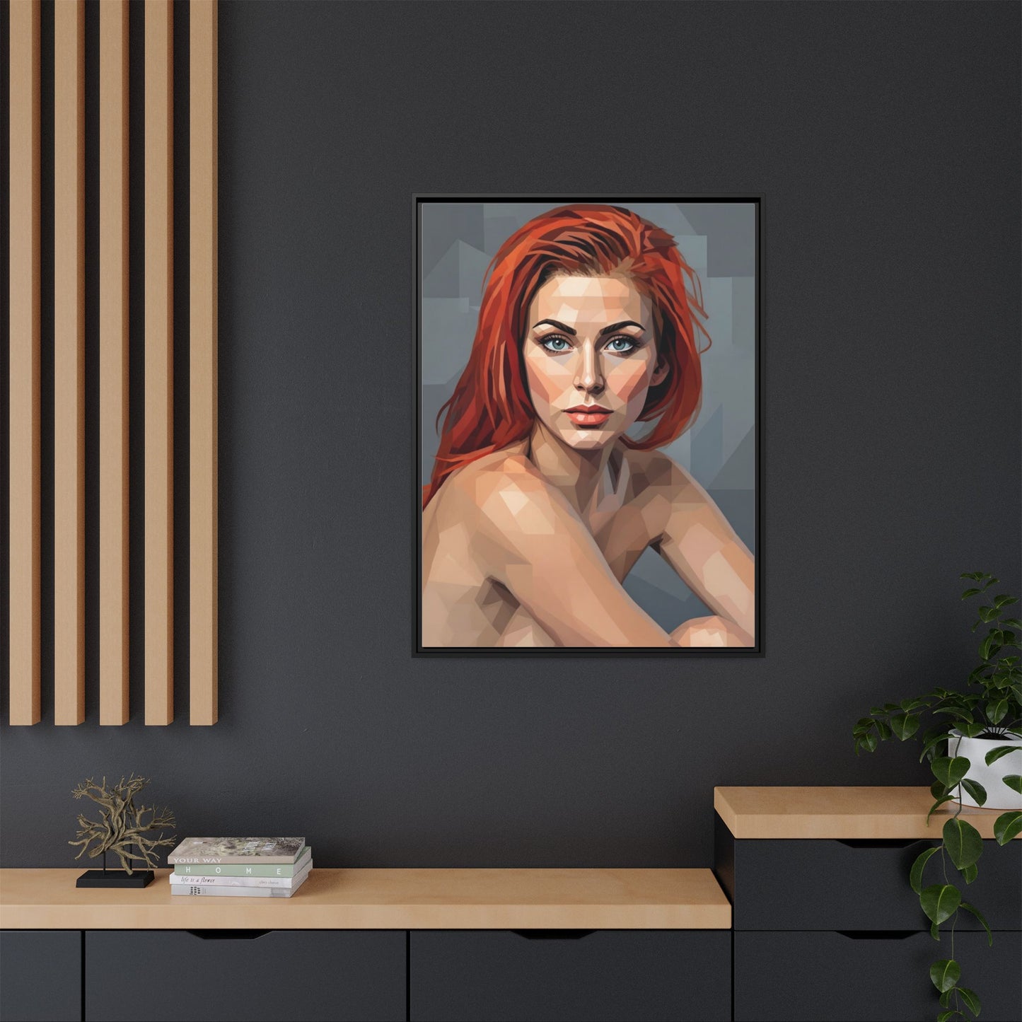 Framed Matte Canvas Portrait — Geometric Redhead Wall Art