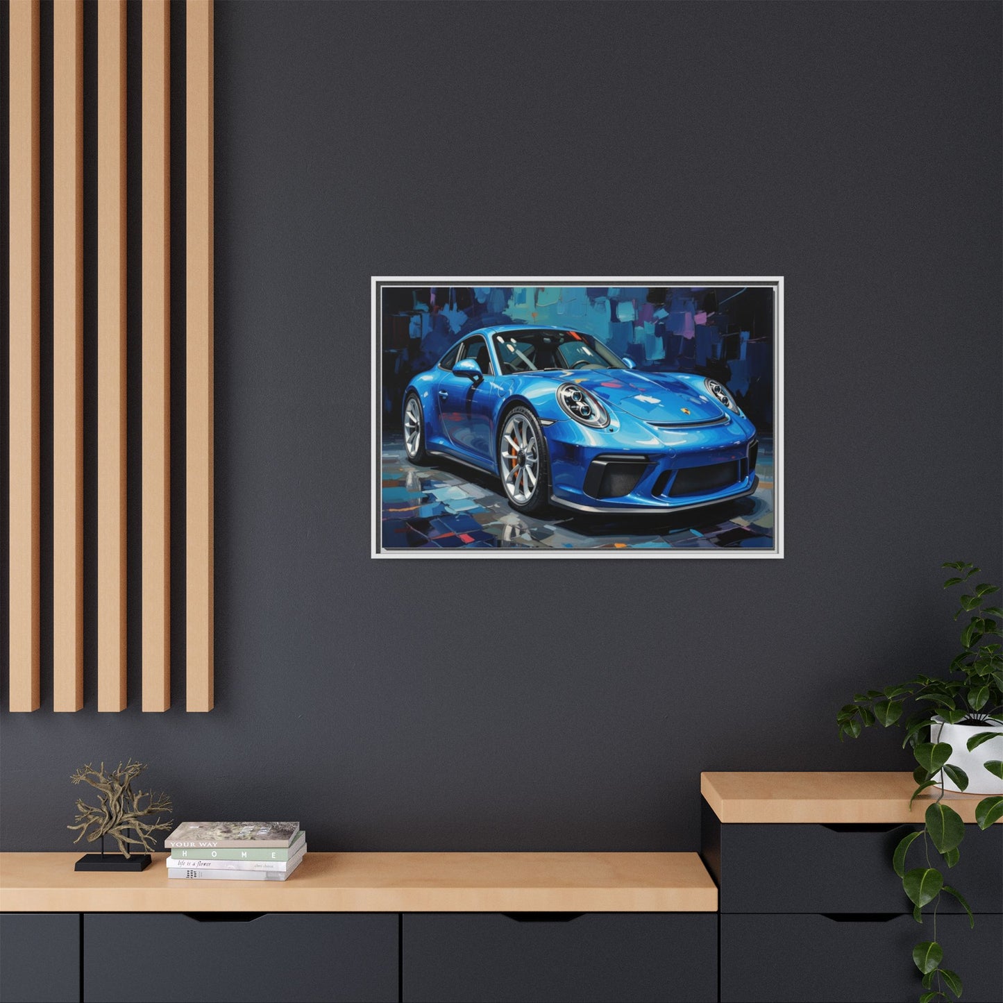 Blue Sports Car Matte Canvas Framed Print — Modern Automotive Wall Art