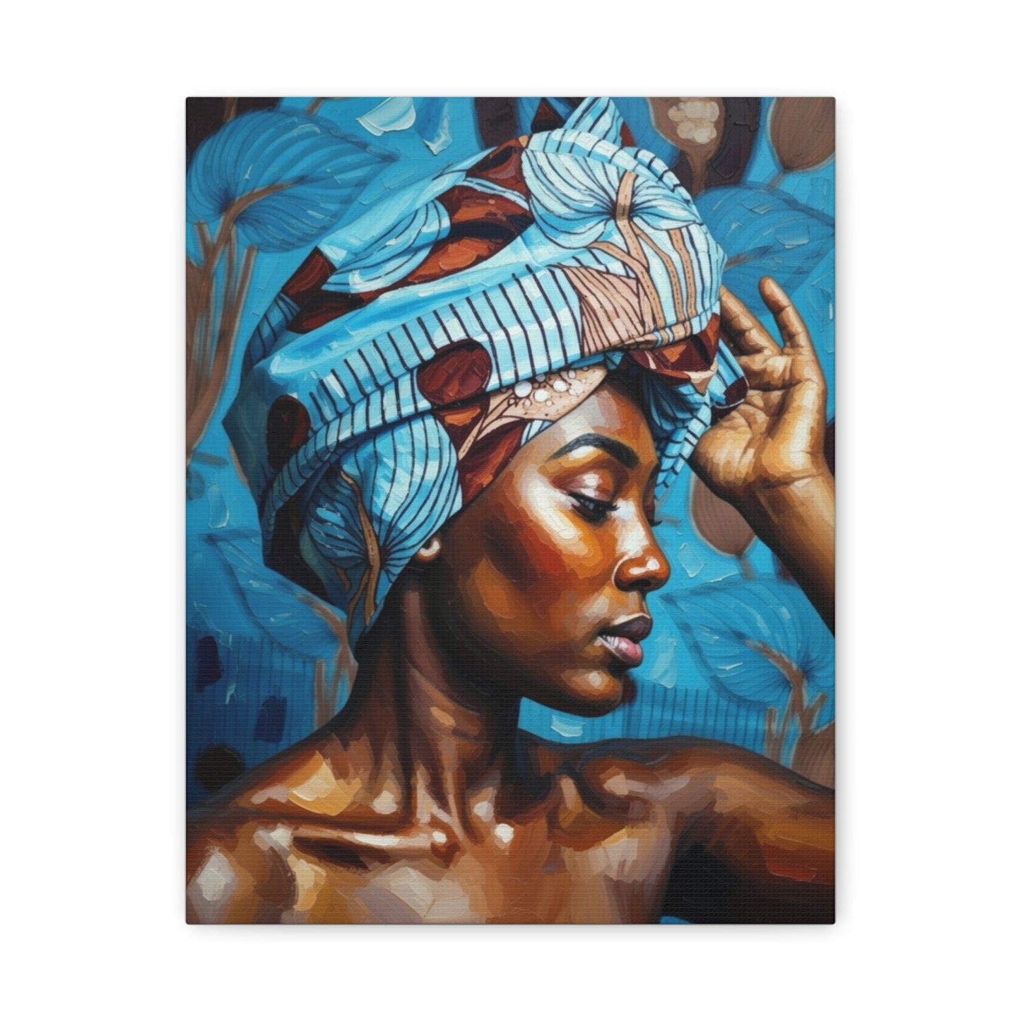 African Woman Portrait Canvas Wall Art - Blue Headwrap Matte Stretched Canvas