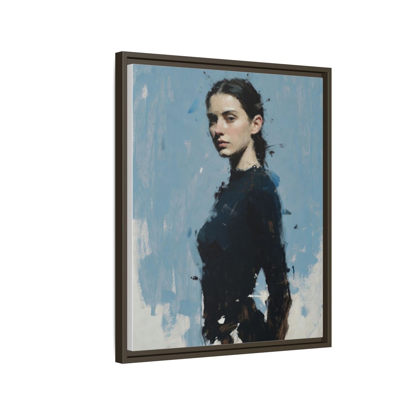 Framed Matte Canvas Portrait Print — Elegant Blue Woman Art
