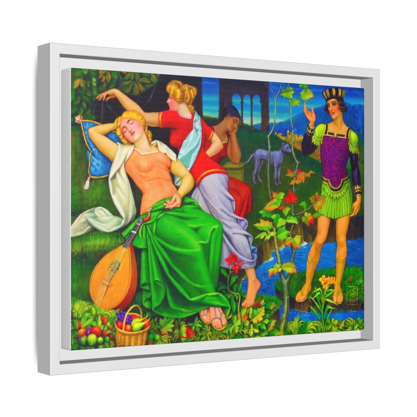 Framed Matte Canvas Art — Colorful Mythic Garden Scene