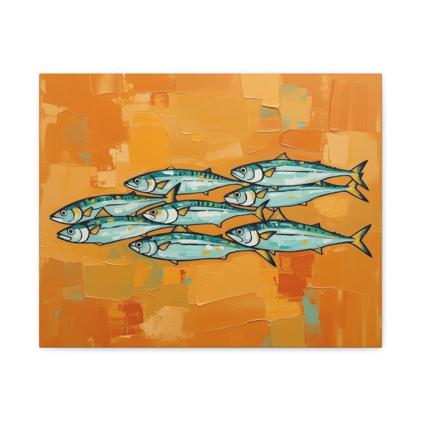 School of Mackerel Canvas Wall Art — Nautical Fish Painting on Orange Background