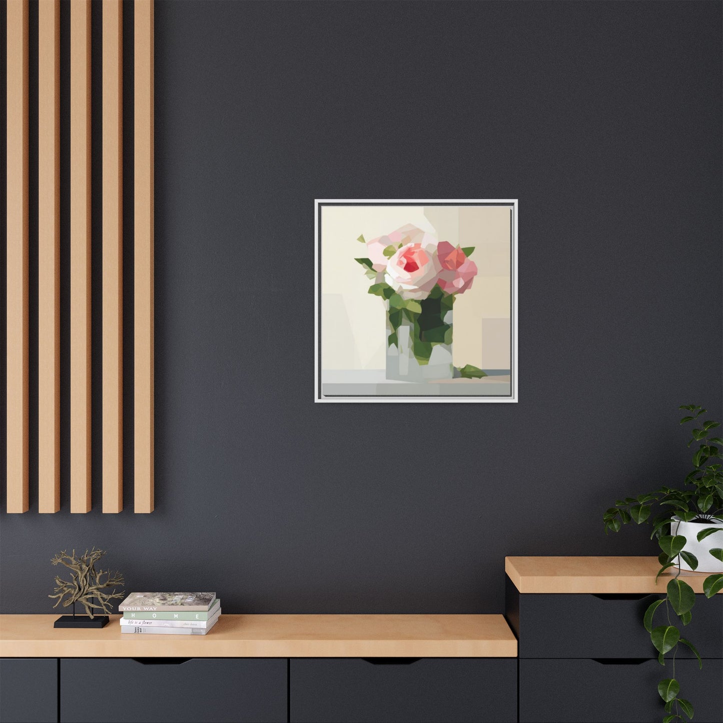 Framed Floral Canvas Print — Geometric Pink Rose Wall Art