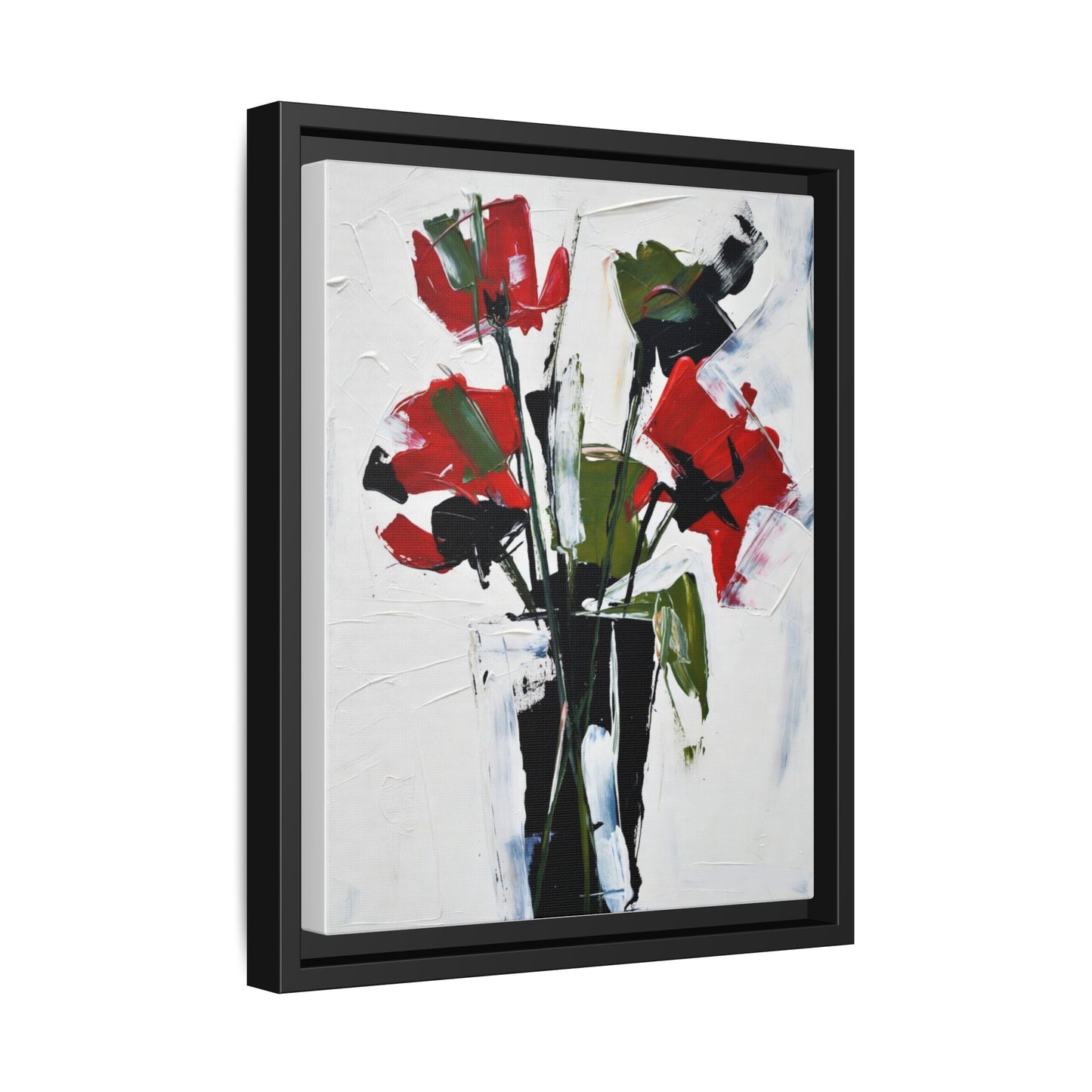 Framed Abstract Floral Canvas Print — Red Poppies in Black Vase