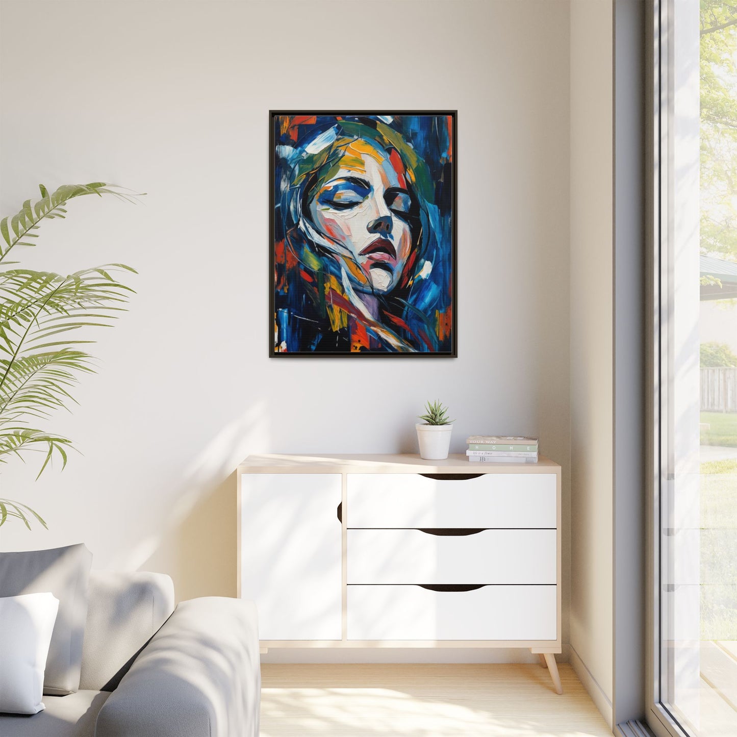 Abstract Colorful Woman Portrait — Framed Matte Canvas Wall Art