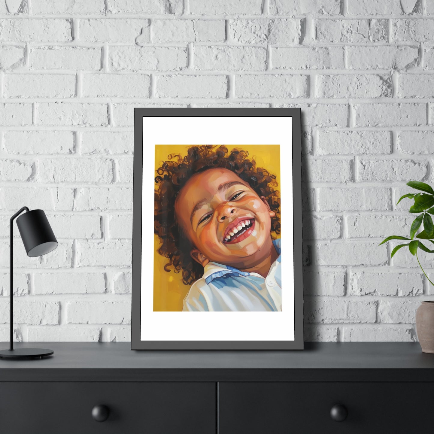 Framed Poster — Joyful Laughing Child Portrait, Colorful Nursery Wall Art