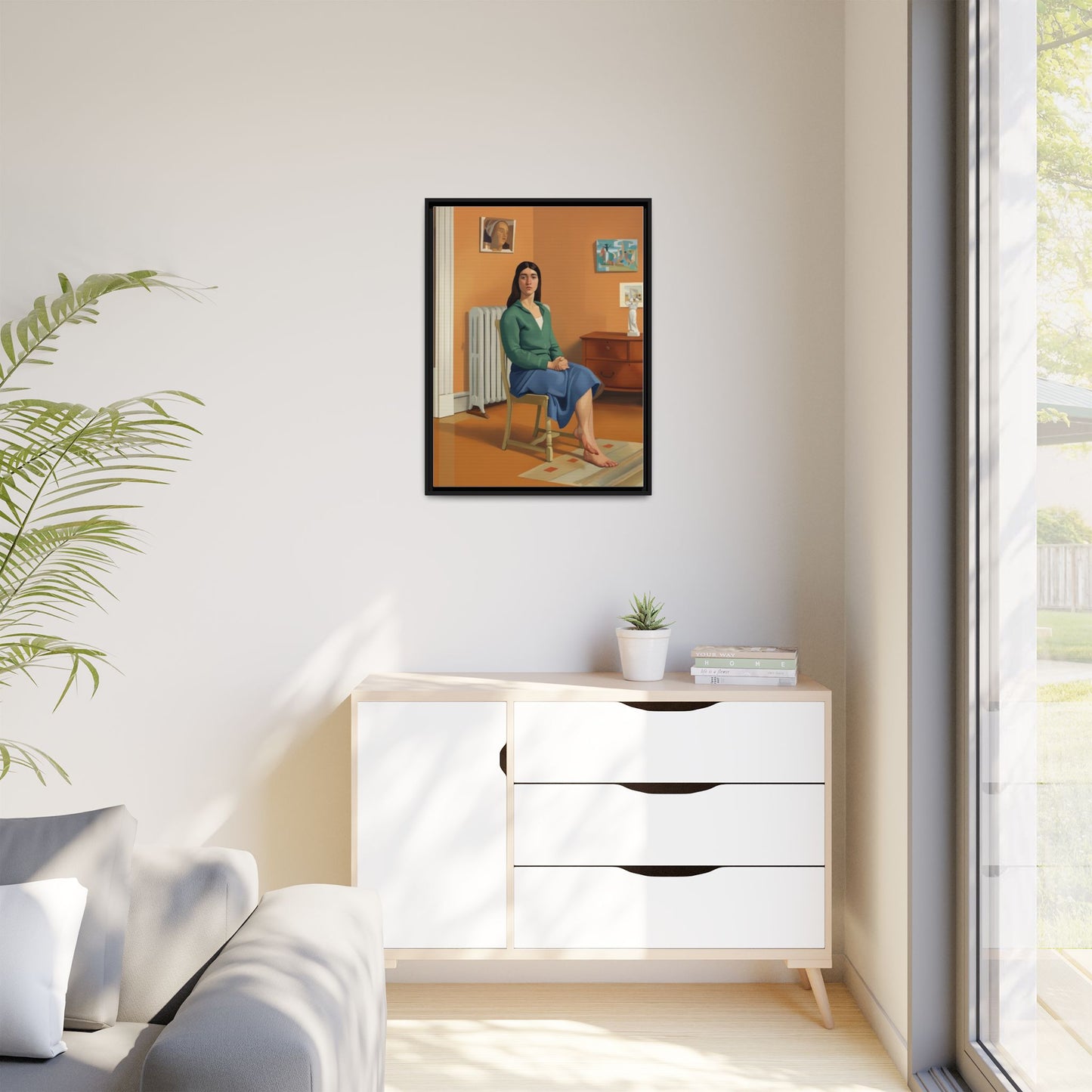 Framed Matte Canvas Print — Woman Seated in Warm Interior (Midcentury Portrait)