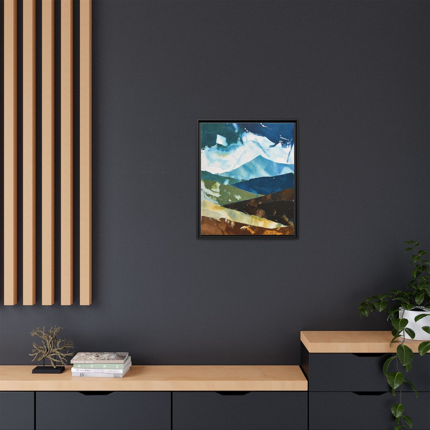 Framed Abstract Mountain Canvas Art — Blue & Earthtone Landscape Print