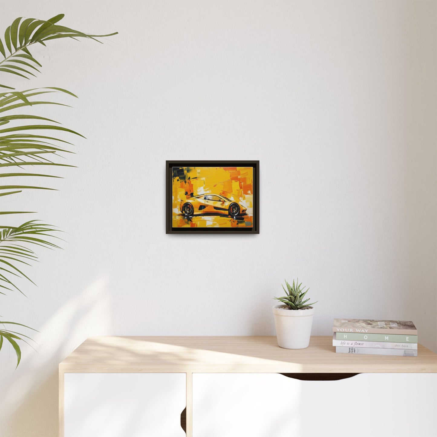 Yellow Sports Car Abstract Matte Canvas Framed Print