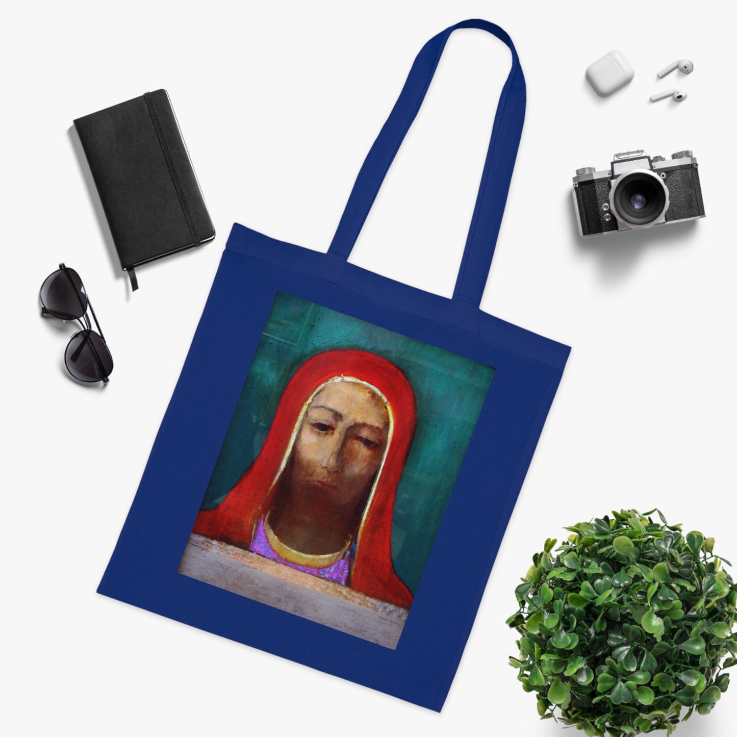 Art Portrait Tote Bag — Serene Red-Hooded Figure Canvas Cotton Tote