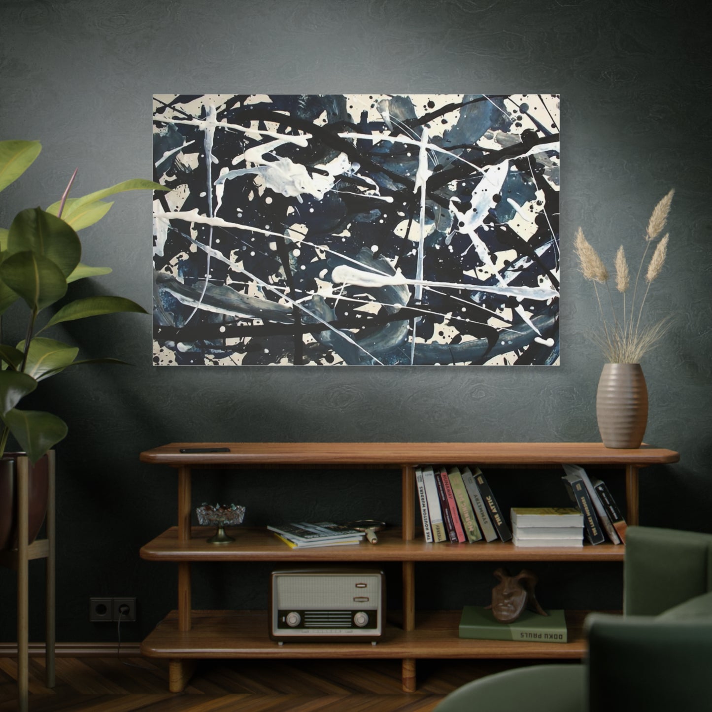 Abstract Drip Painting Canvas Print — Blue & Black Modern Wall Art (Matte Stretched)