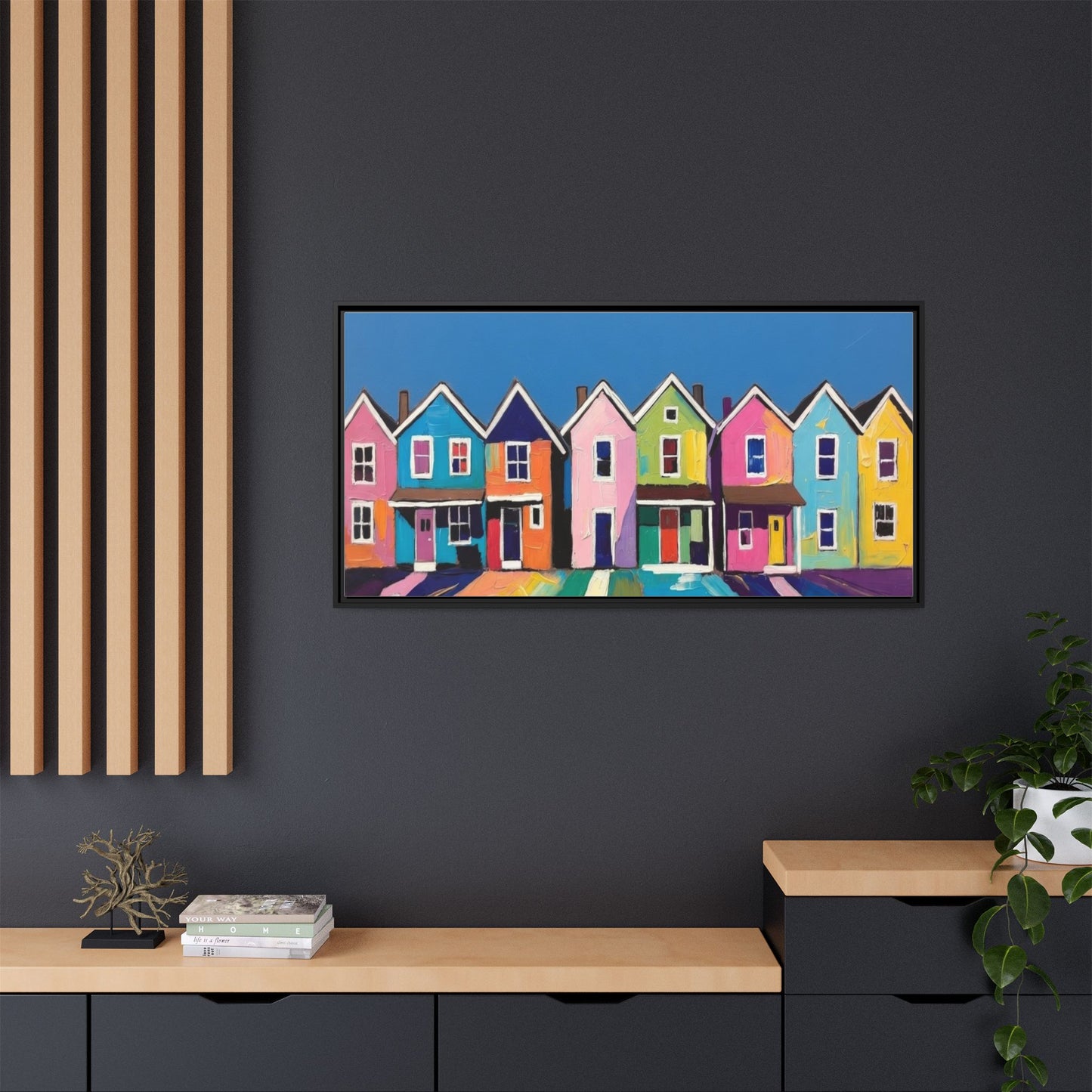 Colorful Beach Houses Matte Canvas Framed Wall Art