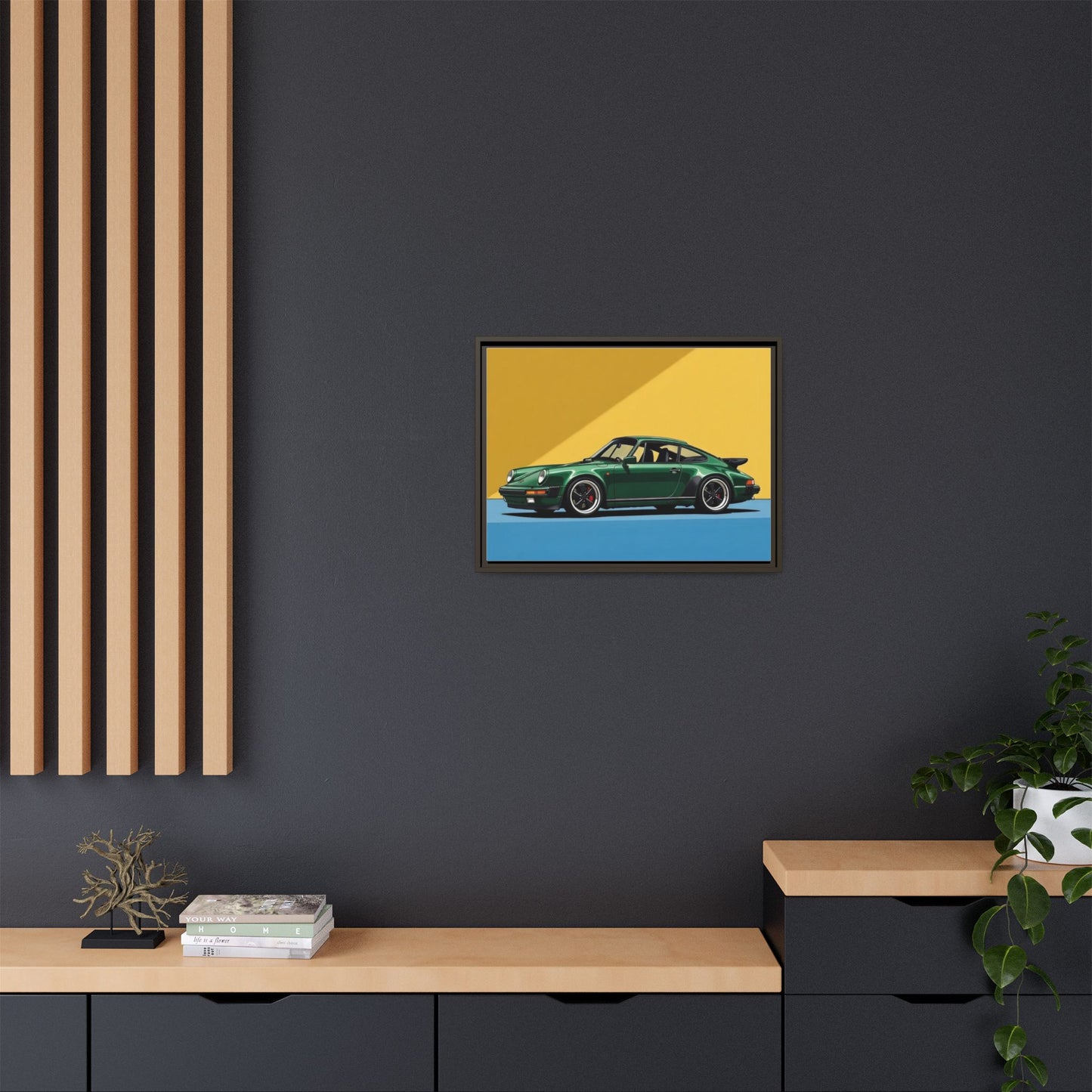 Framed Matte Canvas — Green Sports Car Wall Art
