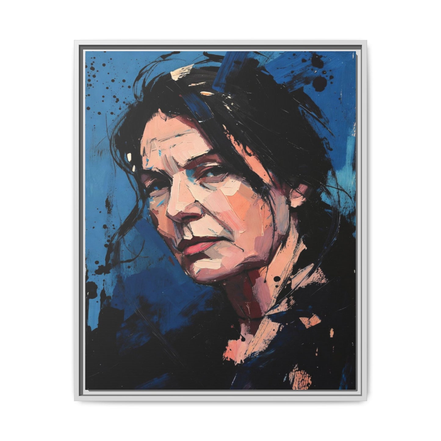 Framed Matte Canvas Portrait — Expressive Blue Painterly Woman Art