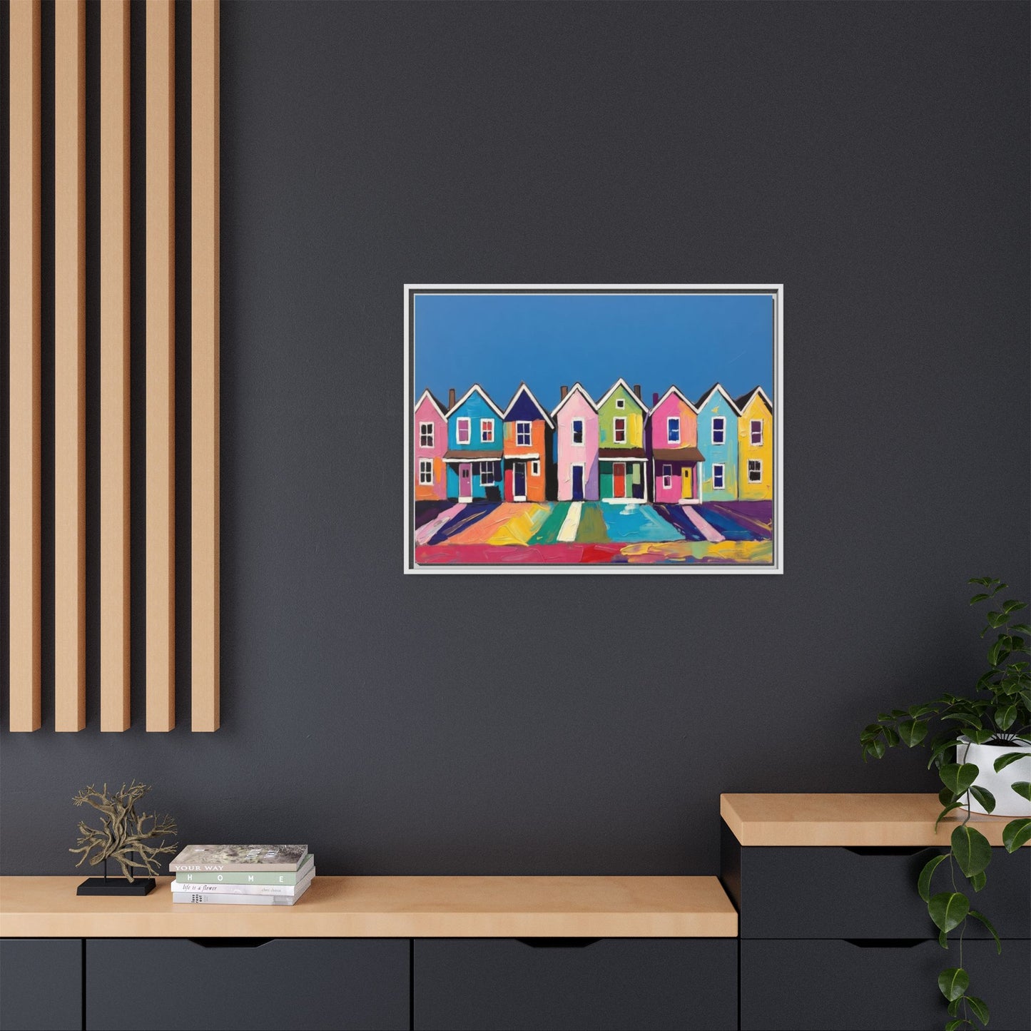 Colorful Beach Houses Matte Canvas Framed Wall Art