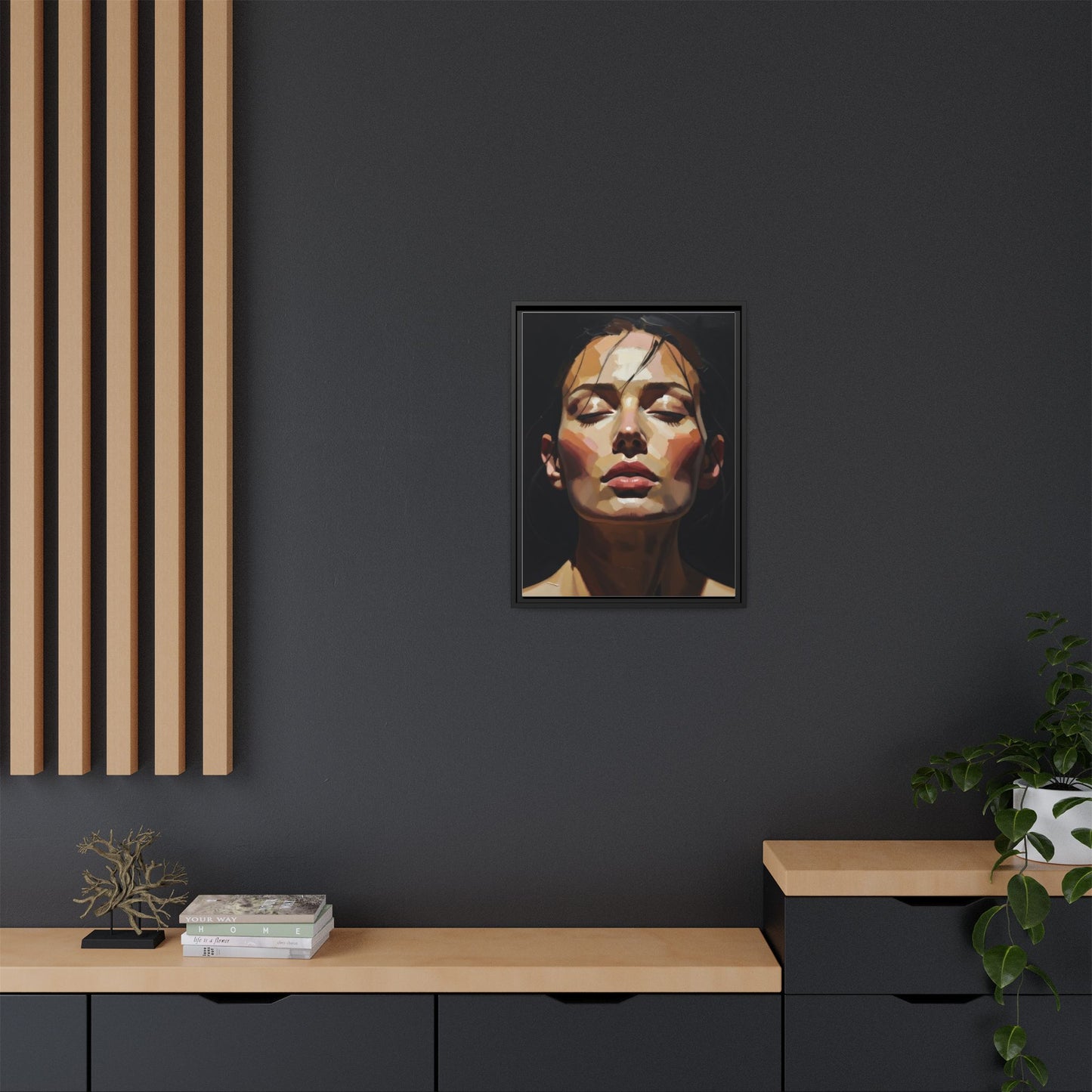 Framed Matte Canvas Portrait – Woman with Eyes Closed (Multi‑Color)