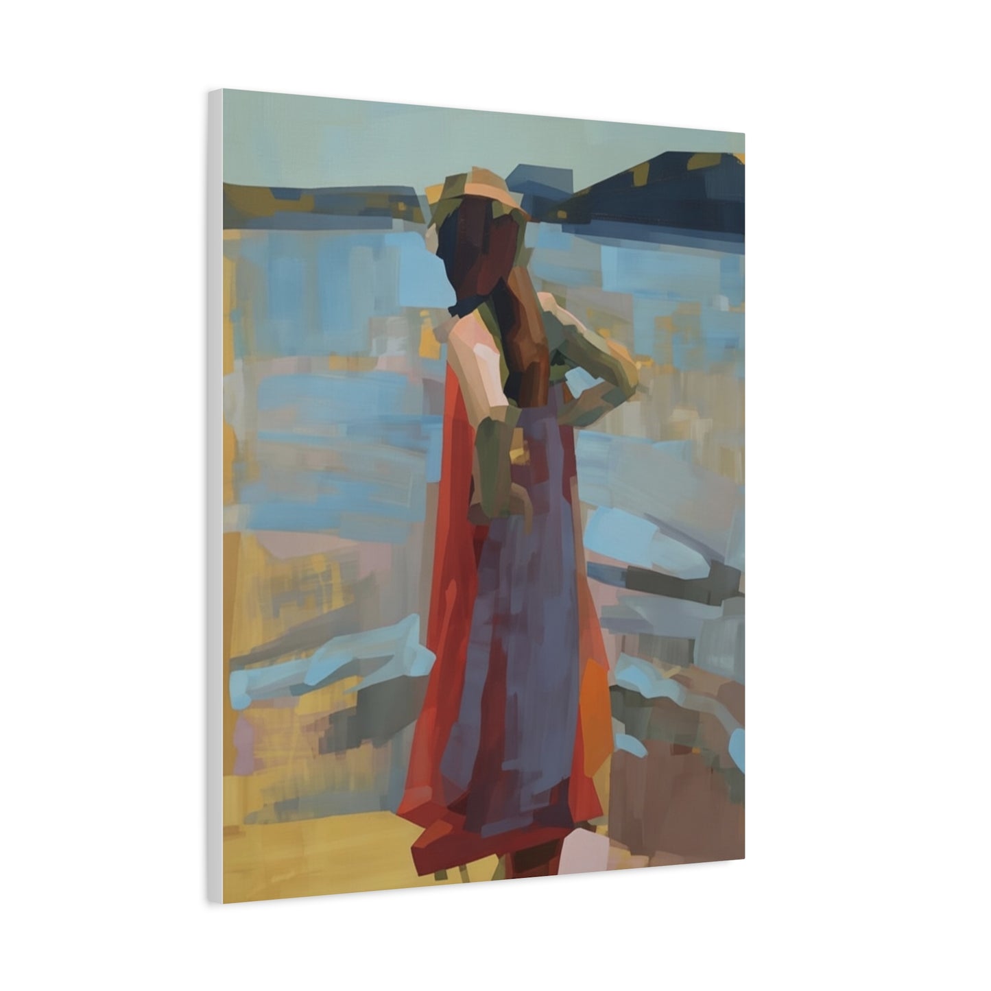 Coastal Stroll Matte Canvas Print — Abstract Woman in Red Dress, Stretched 1.25"