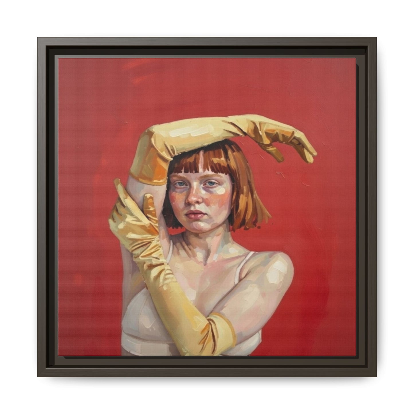 Framed Matte Canvas Art - Portrait of Woman in Yellow Gloves (Red Background)