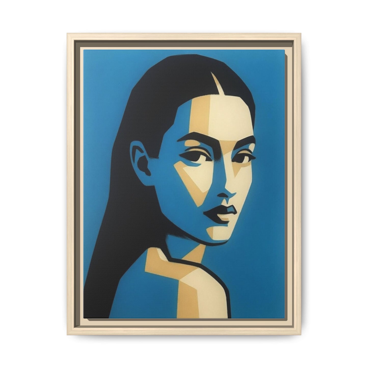 Framed Pop Art Portrait Canvas — Blue Geometric Woman Print