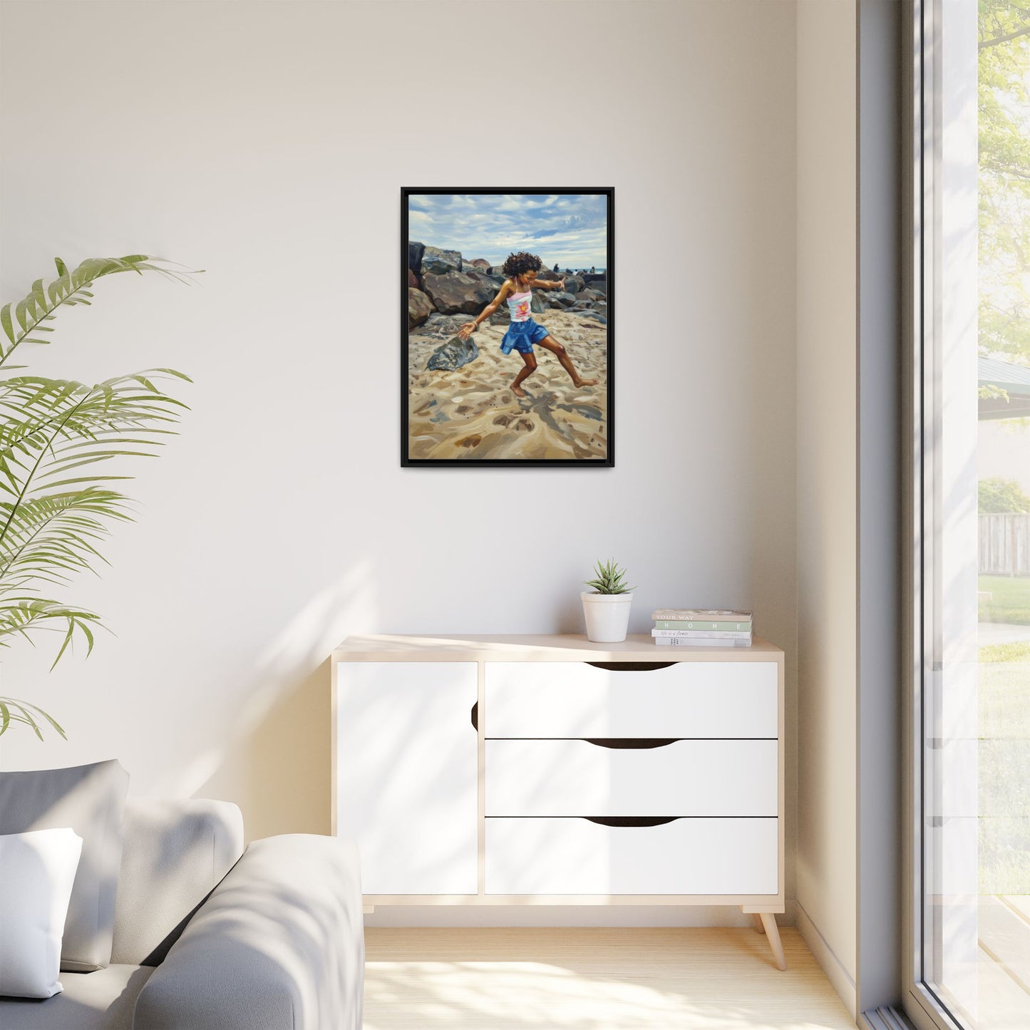 Framed Canvas Art - Girl Dancing on the Beach (Matte Multi-Color)