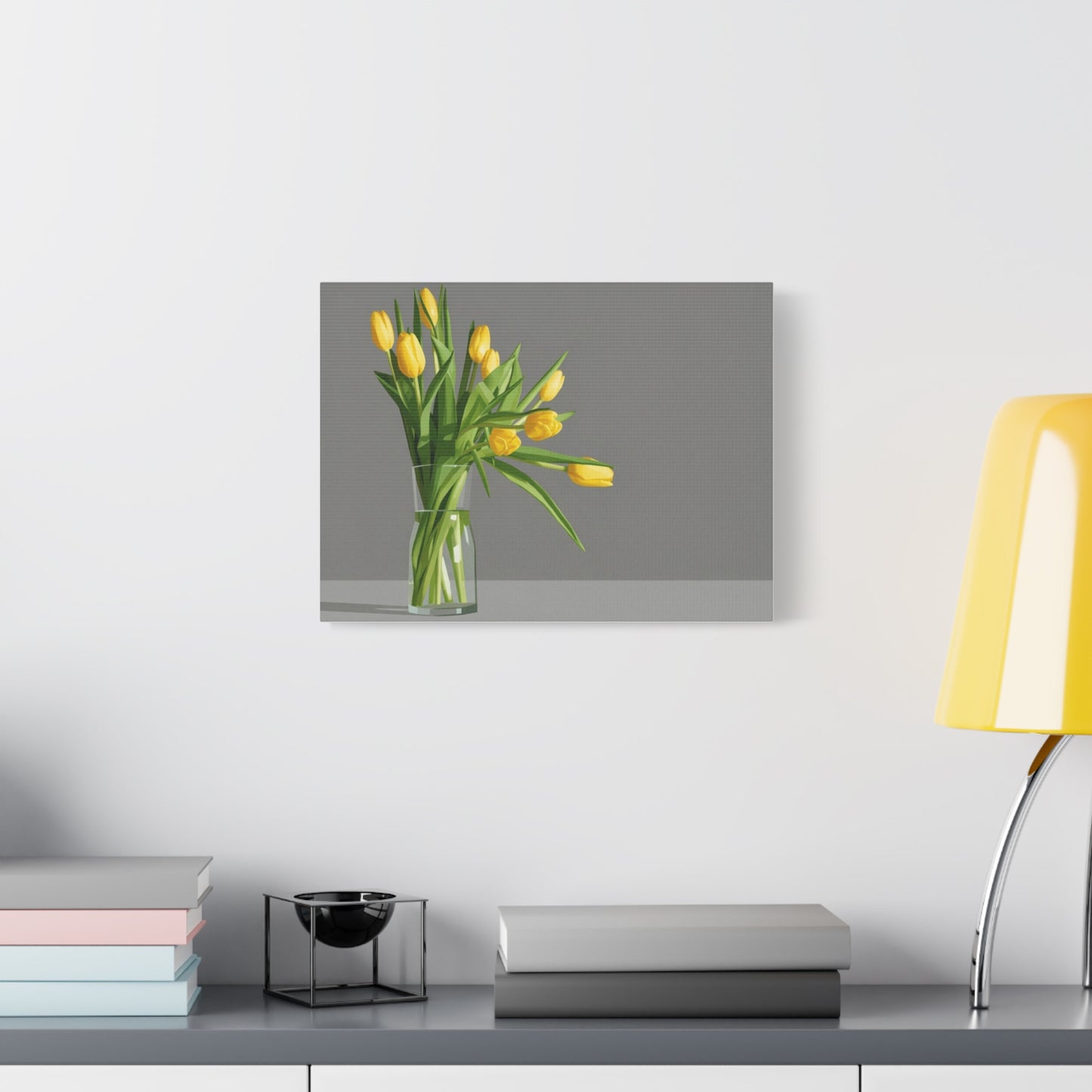 Yellow Tulips in Glass Vase — Matte Stretched Canvas Wall Art