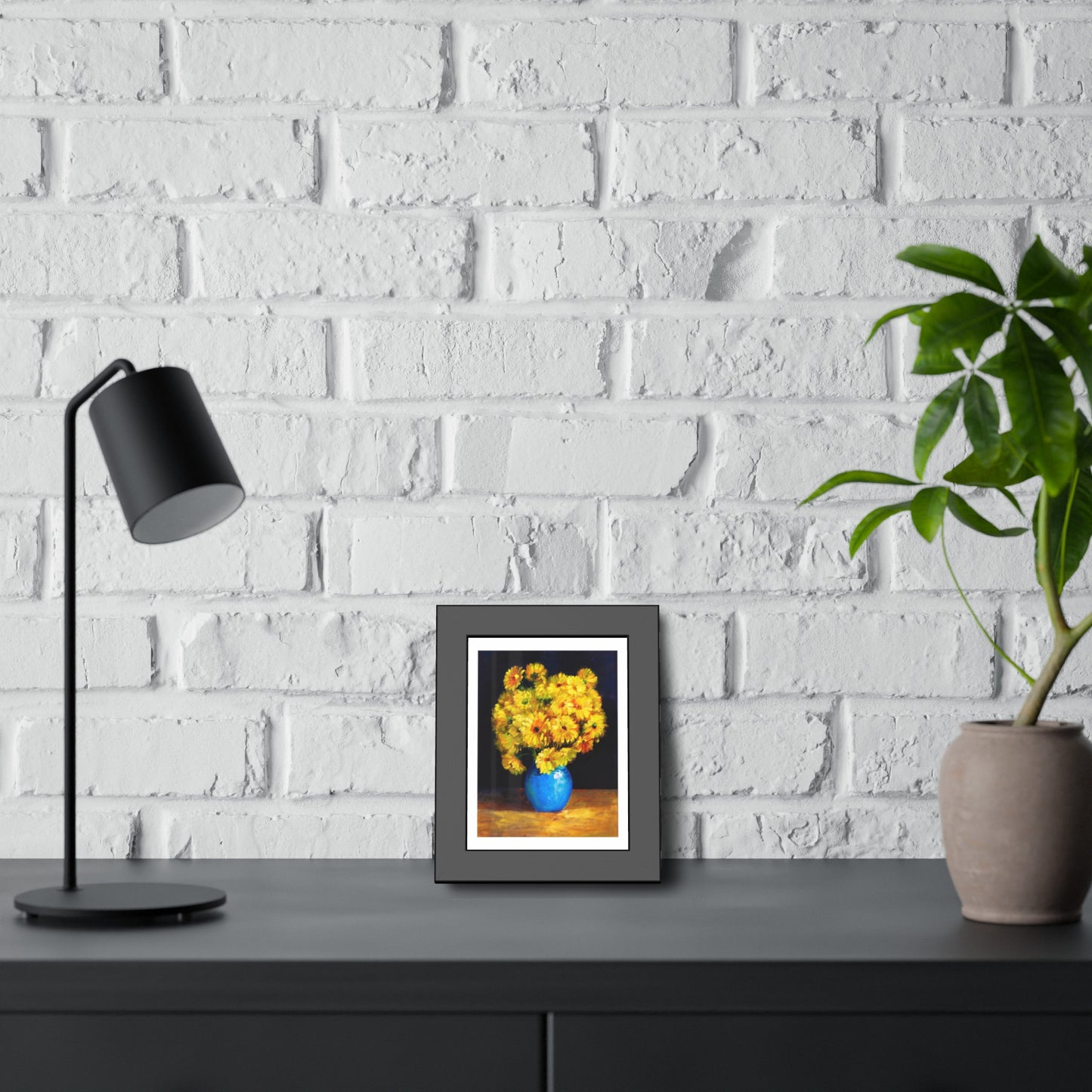 Framed Art Print — Yellow Daisy Bouquet in Blue Vase