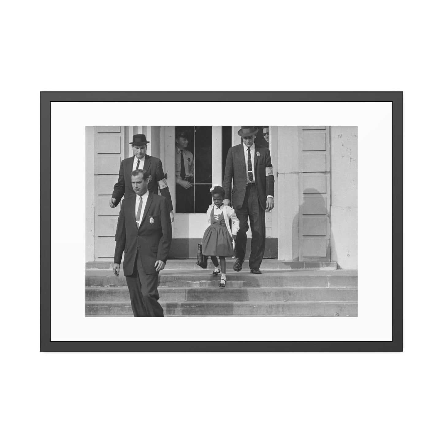 US Marshals with Young Ruby Bridges on School Steps by Unknown  Black & White Civil Rights Photograph Framed Wall Art Print