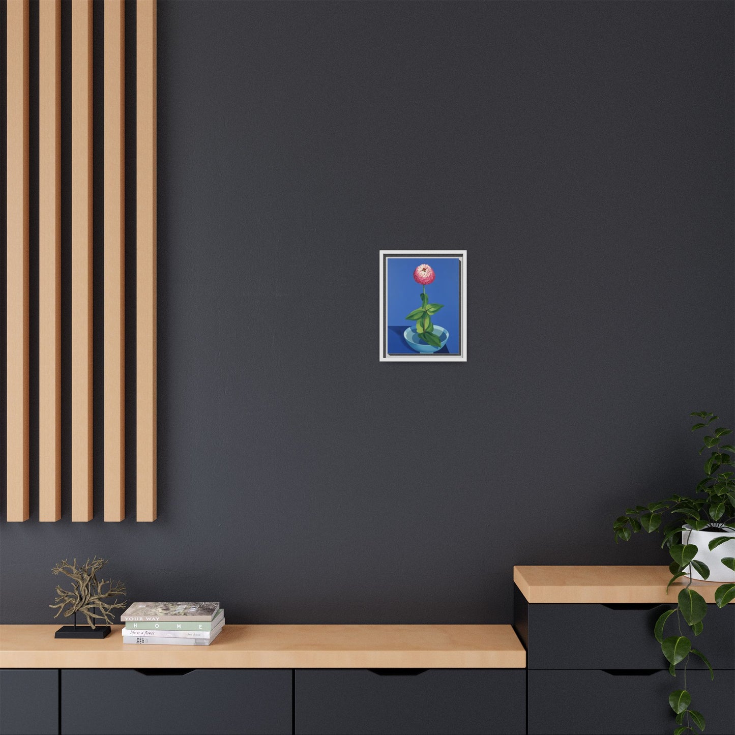 Framed Matte Canvas Art — Pink Zinnia in Blue Bowl (Botanical Still Life)