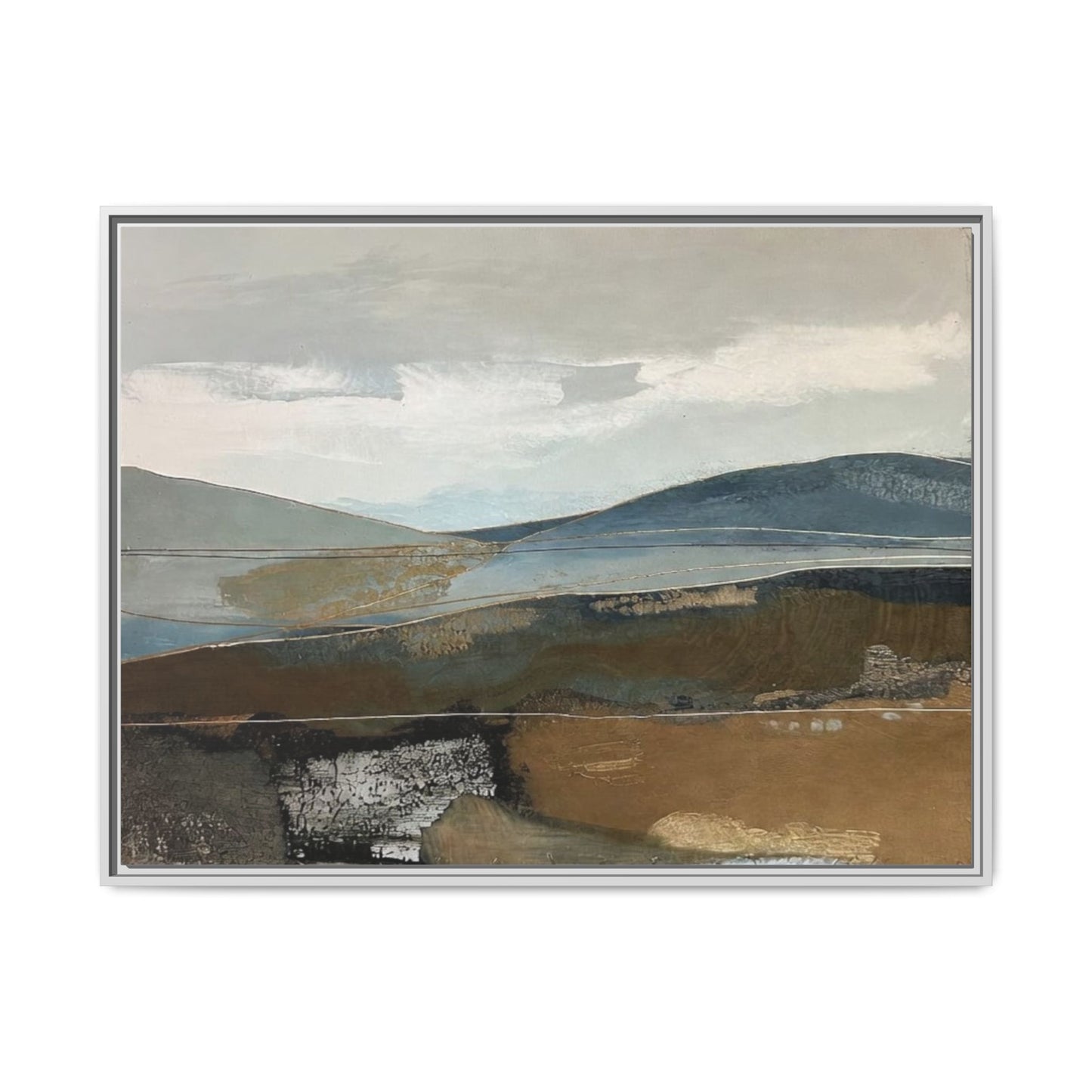 Framed Matte Canvas Landscape Art - Serene Abstract Hills in Blue & Earth Tones
