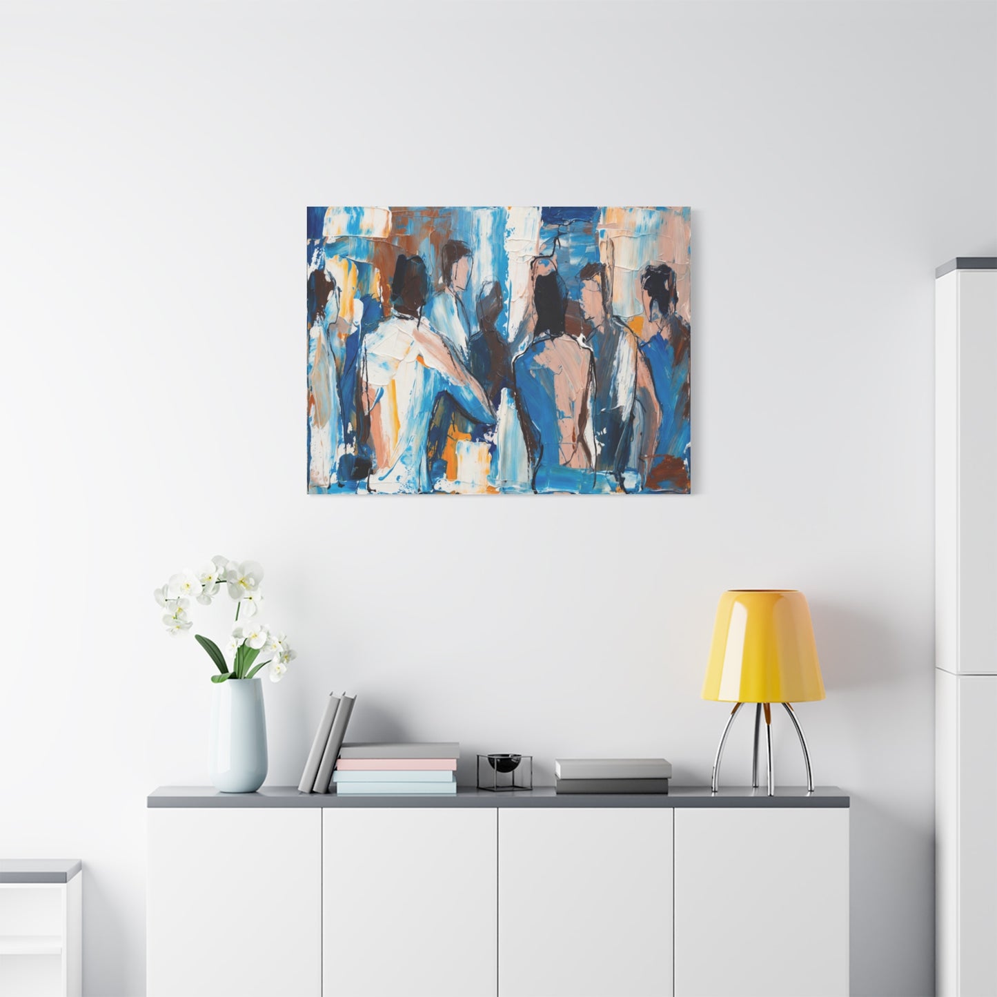 Abstract Figurative Canvas Art — Blue Social Scene Matte Stretched Canvas