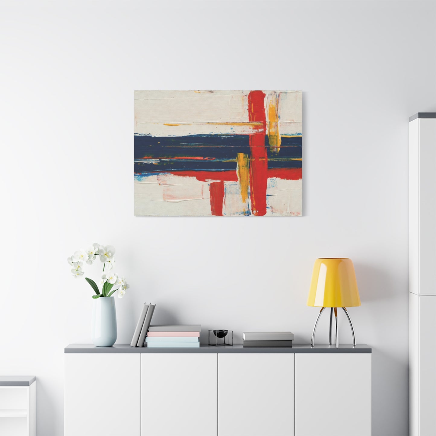Abstract Modern Canvas Art Print — Red, Navy & Gold Stretched Matte Canvas