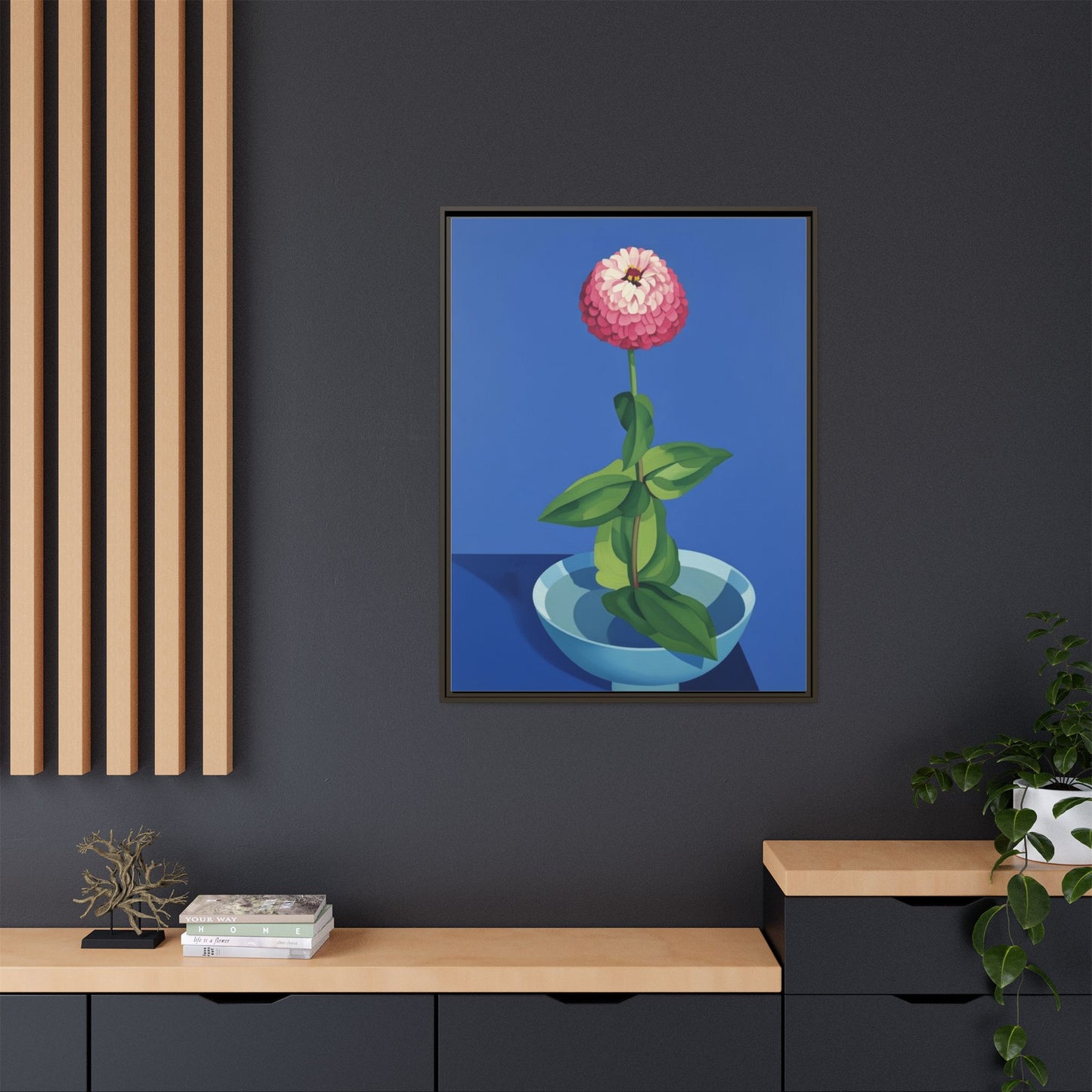 Framed Matte Canvas Art — Pink Zinnia in Blue Bowl (Botanical Still Life)
