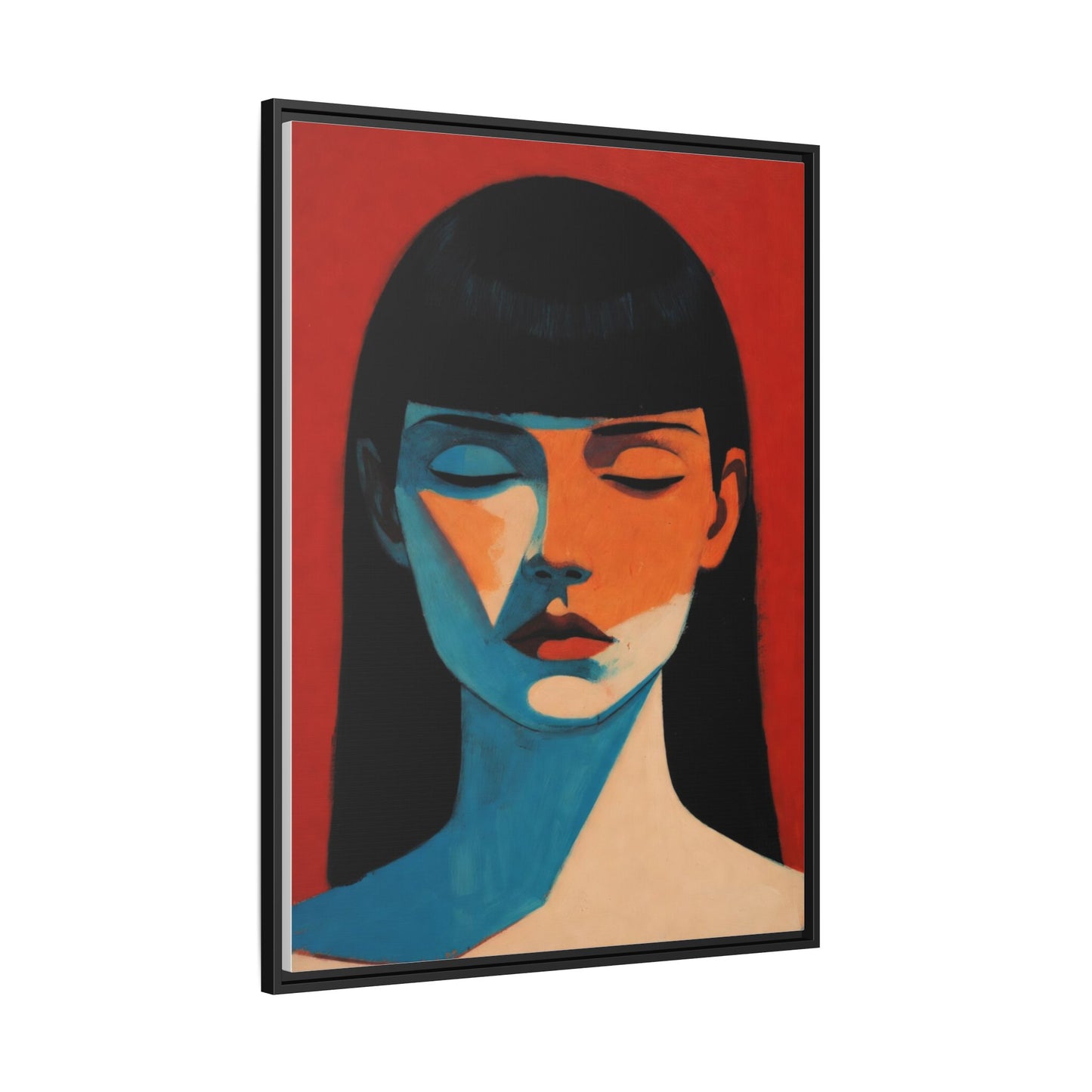 Framed Matte Canvas Art – Minimalist Portrait in Red & Teal