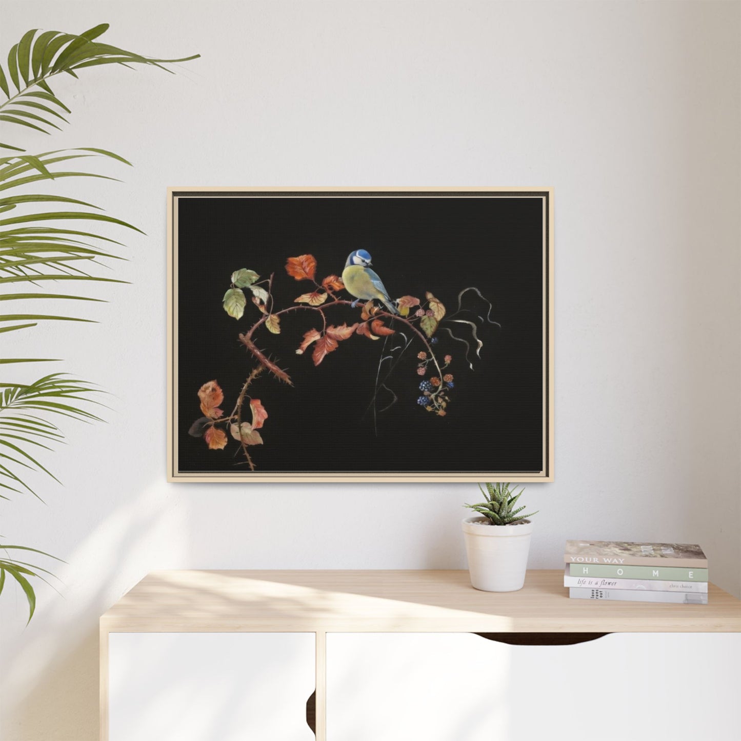 Framed Matte Canvas - Blue Tit on Autumn Branch Wall Art