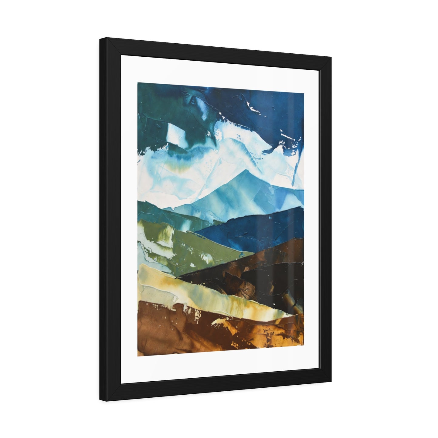 Framed Abstract Mountain Art Print – Blue & Earthtone Layered Landscape Poster