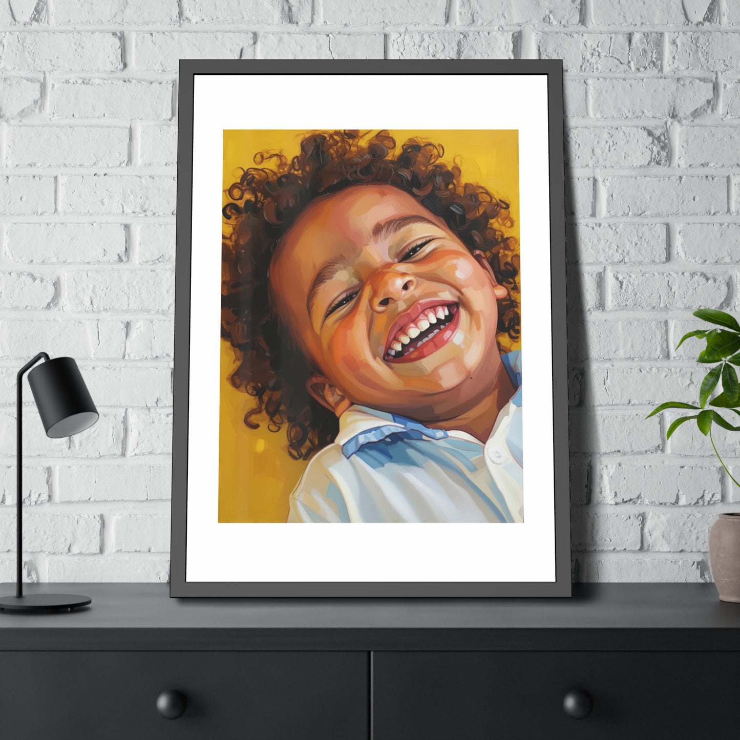 Framed Poster — Joyful Laughing Child Portrait, Colorful Nursery Wall Art