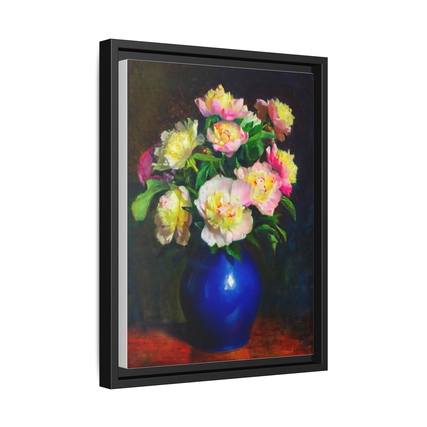 Framed Matte Canvas Wall Art — Vintage Floral Bouquet in Blue Vase