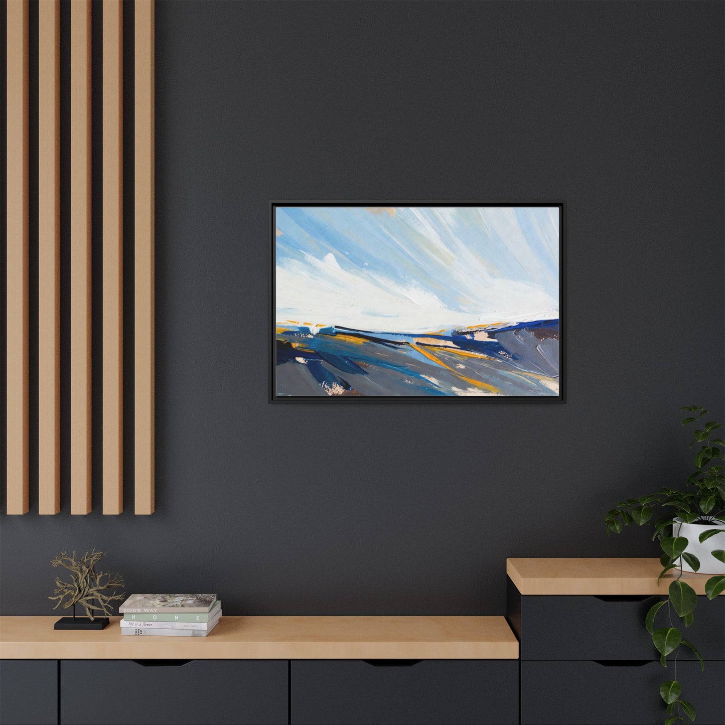 Framed Abstract Seascape Canvas Print — Matte Multi‑Color Wall Art